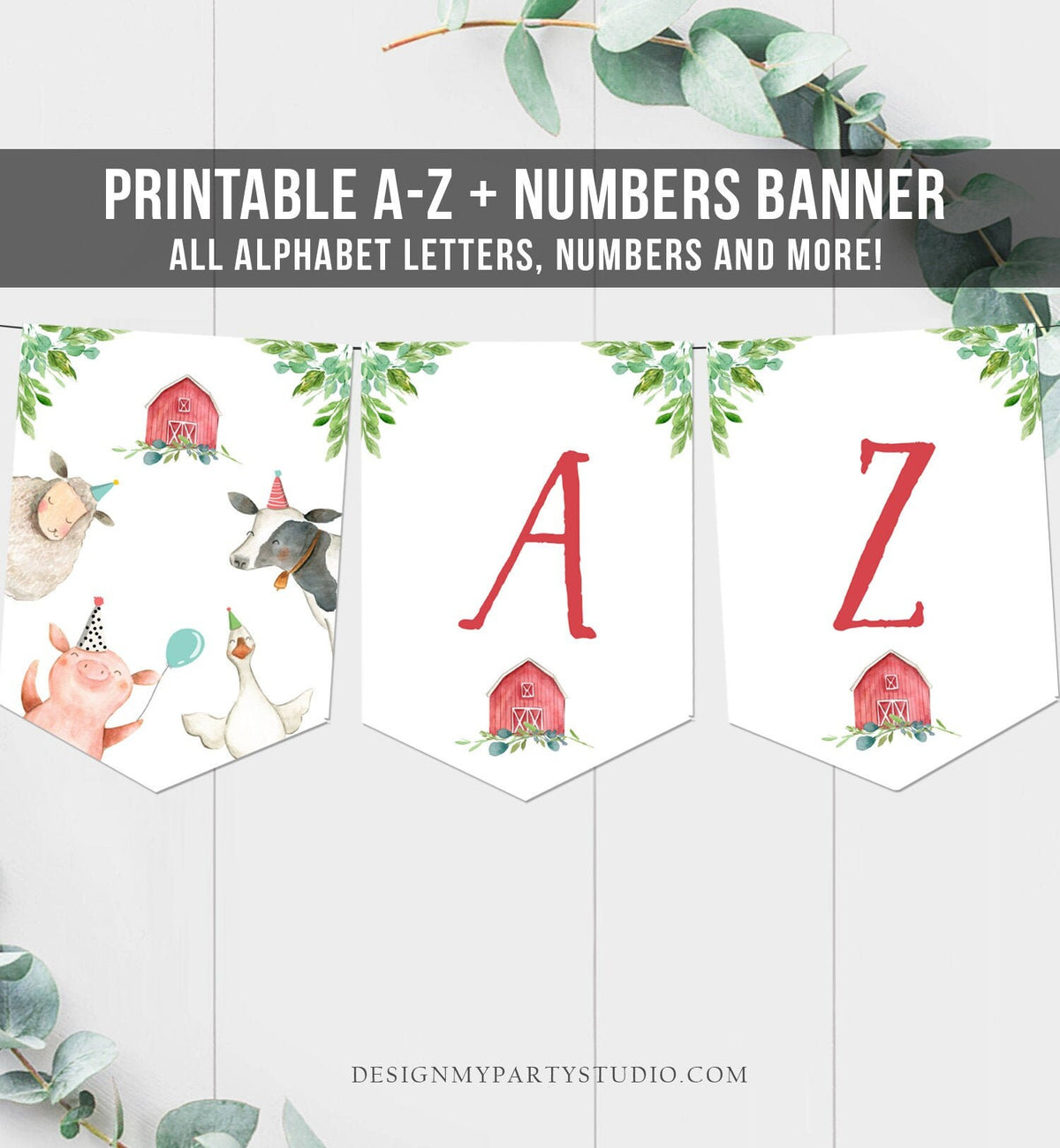 Farm Animals Birthday Banner A-Z Alphabet Numbers Banner Happy Birthday Banner Boy Red Barnyard Country Barn Decor Download Printable 0155