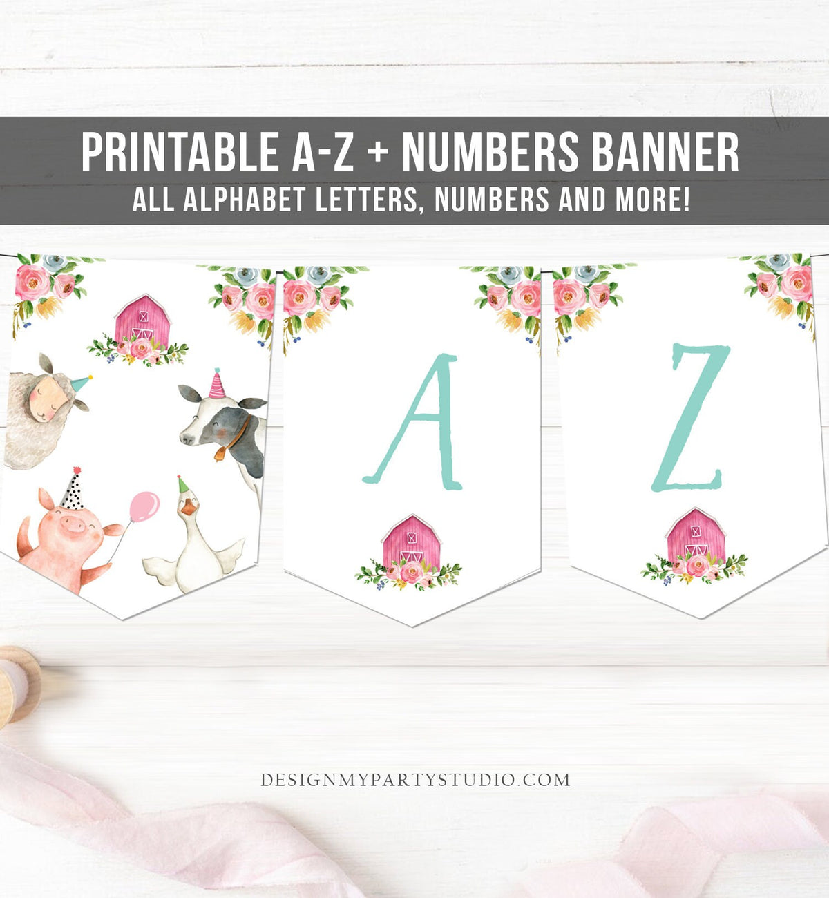 Farm Animals Birthday Banner A-Z Alphabet Numbers Banner Happy Birthday Girl Pink Teal Barnyard Country Barn Decor Download Printable 0155