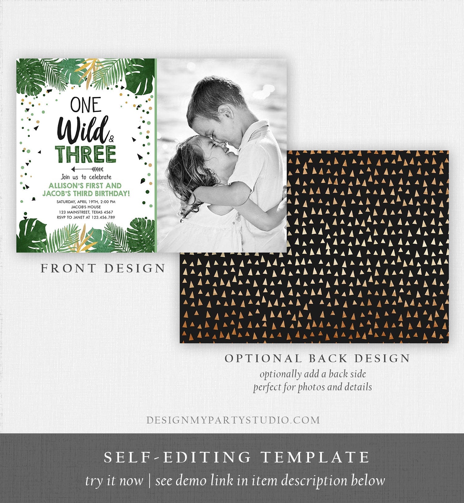 Editable One Wild and Three Birthday Invitation Safari Tropical Party 1st 3rd First Third Birthday Coed Joined Boy Template Printable 0332