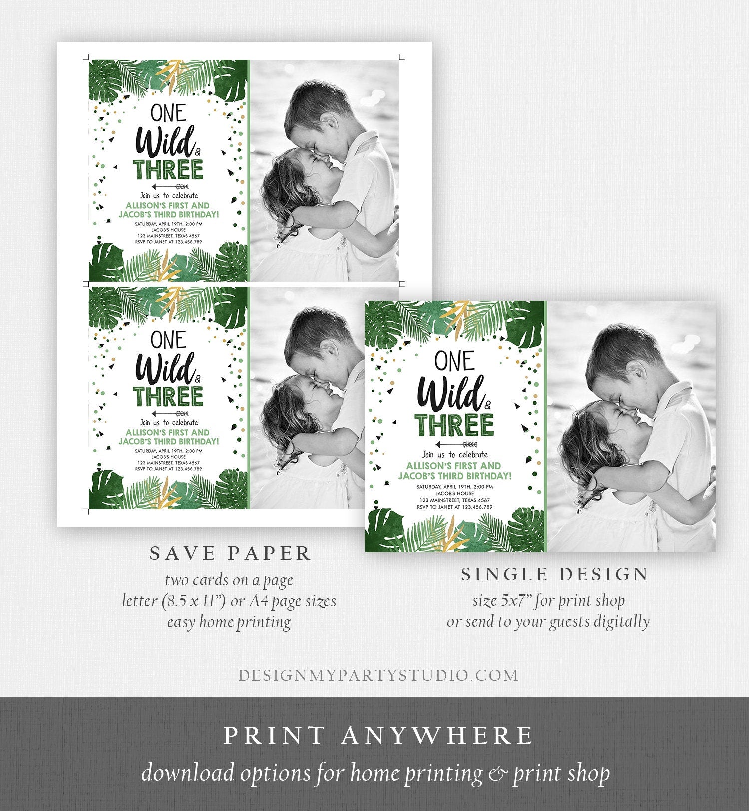 Editable One Wild and Three Birthday Invitation Safari Tropical Party 1st 3rd First Third Birthday Coed Joined Boy Template Printable 0332