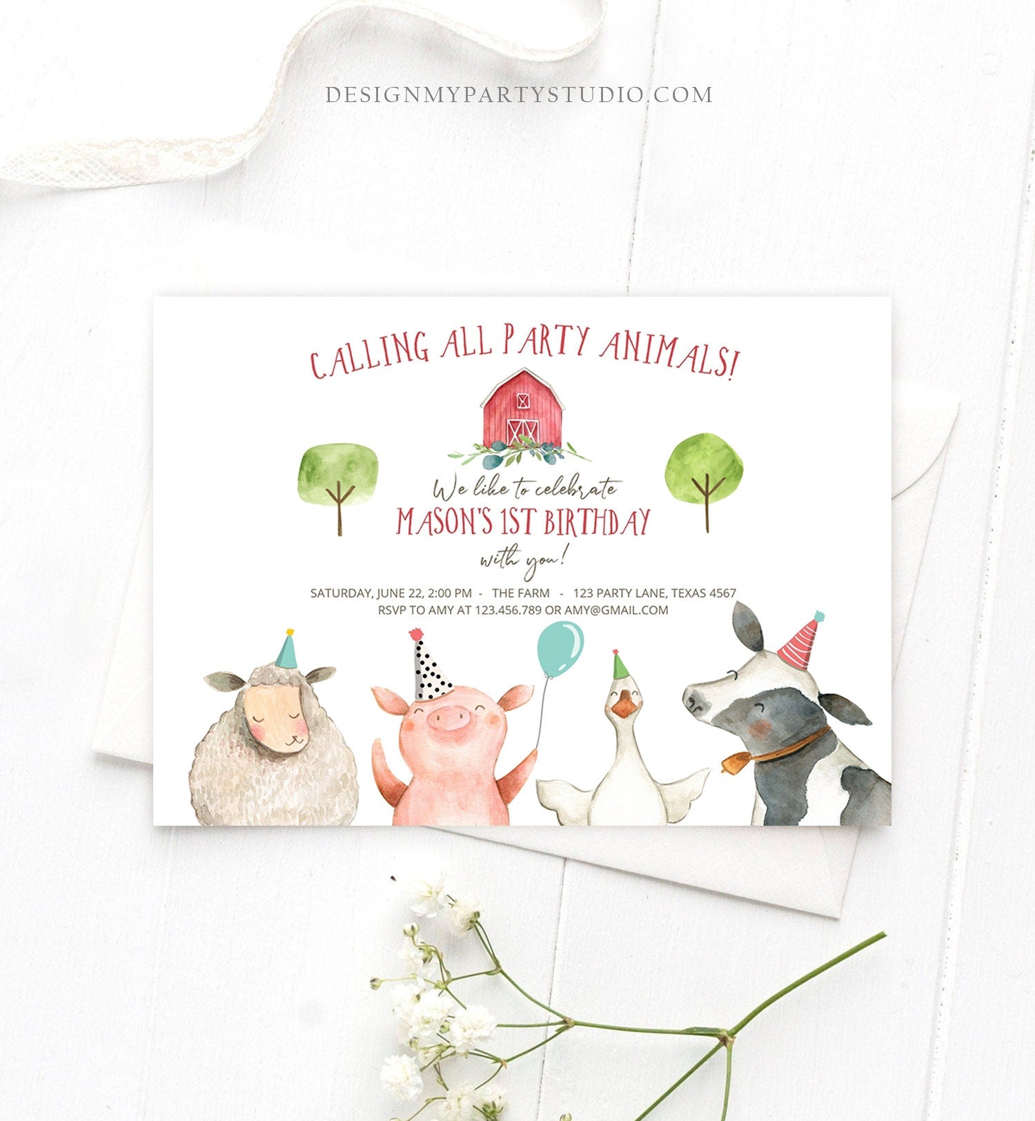 Editable Farm Birthday Invitation Boy Farm Animals Boy Barnyard Birthday Party Animals Printable Invitation Template Digital Corjl 0155