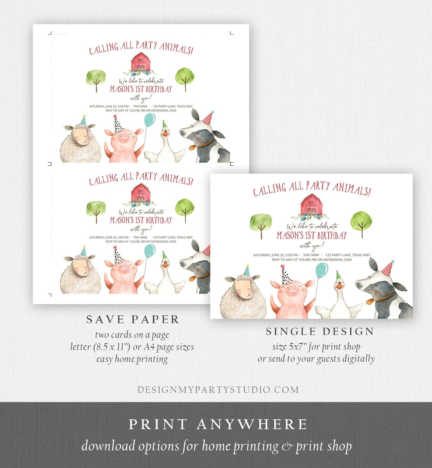 Editable Farm Birthday Invitation Boy Farm Animals Boy Barnyard Birthday Party Animals Printable Invitation Template Digital Corjl 0155