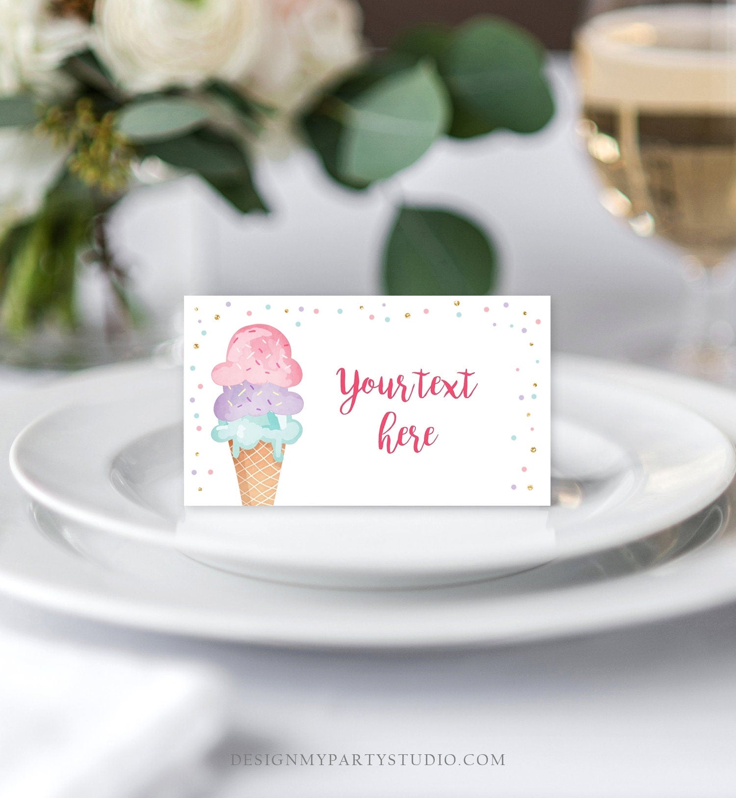 Editable Ice Cream Food Labels Ice Cream Birthday Food Cards Tent Card Girl Pink Gold the Scoop Buffet Label Tent Card Template Corjl 0243