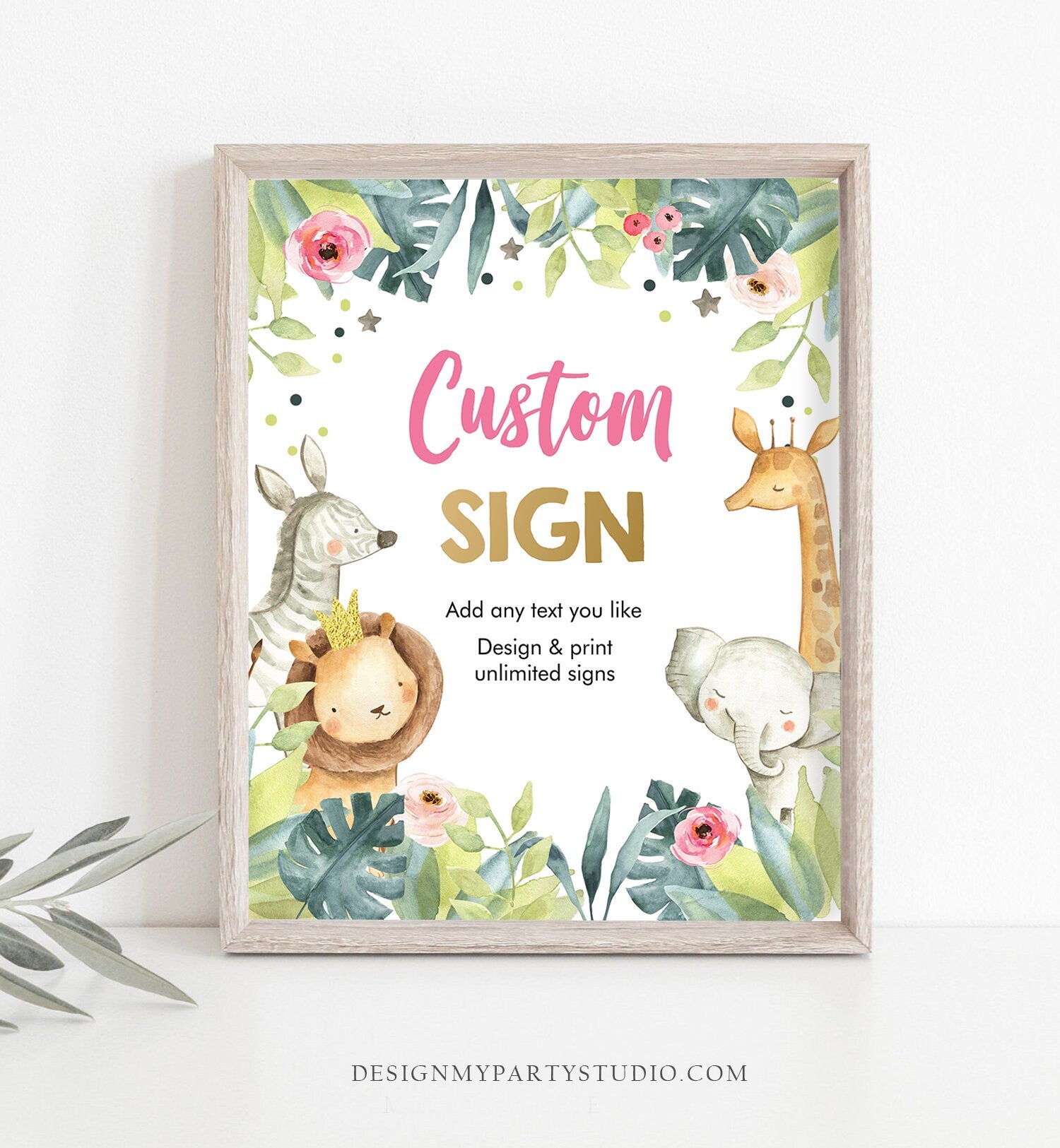 Editable Custom Sign Safari Animals Birthday Sign Wild One Shower Decor Girl Jungle Table Sign Decoration 8x10 Download PRINTABLE Corjl 0163