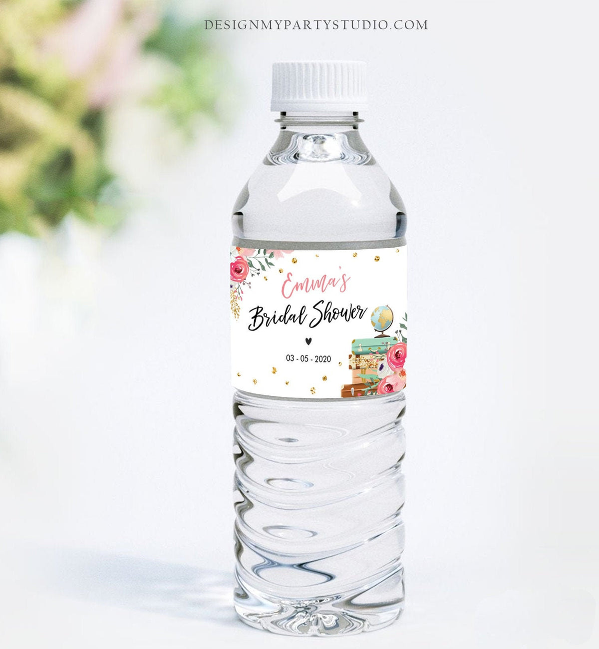 Editable Water Bottle Label Travel Adventure Traveling Suitcases Pink Gold Floral Flowers Digital Download Corjl Template Printable 0030