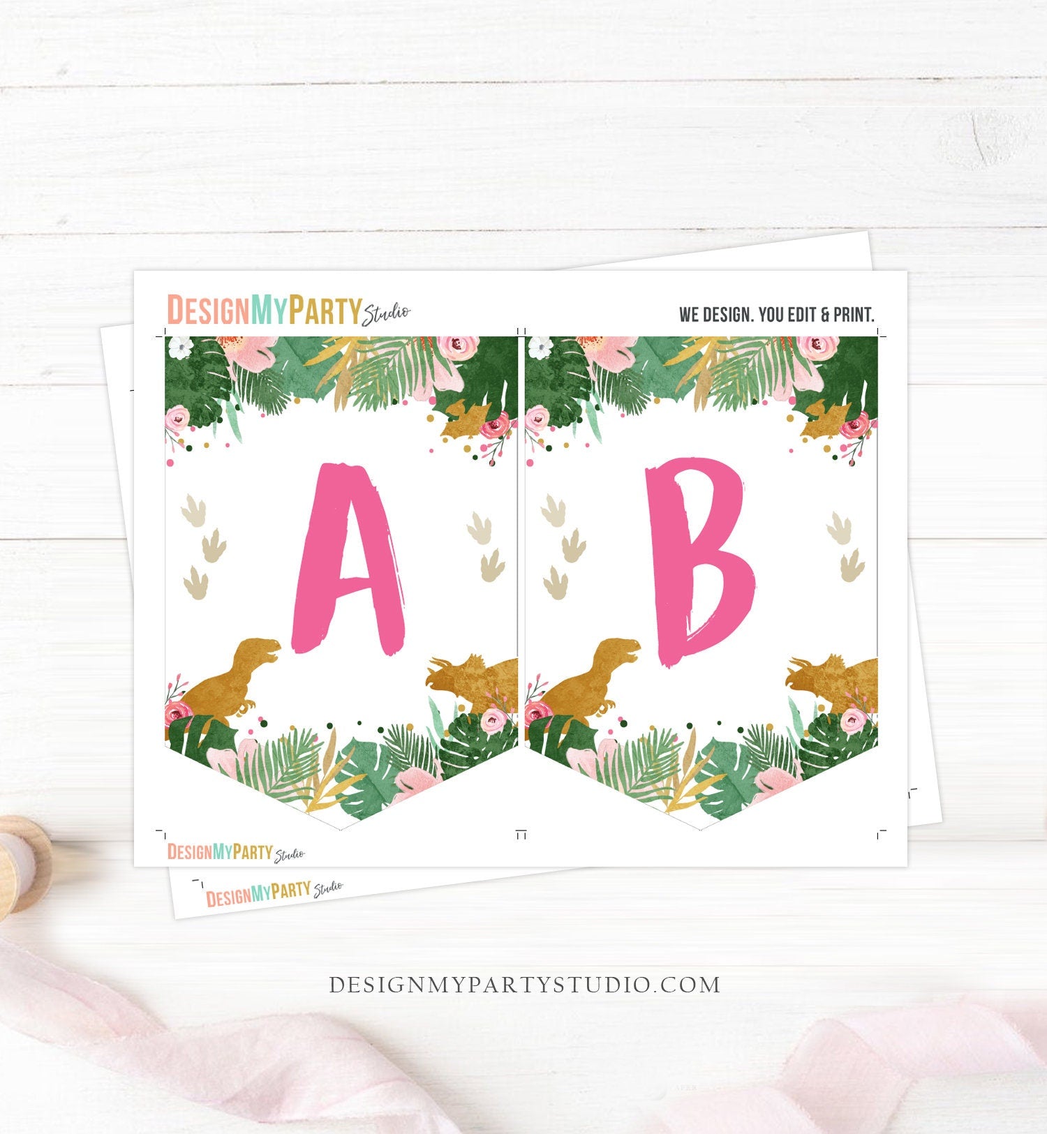 Dinosaur A-Z Alphabet Banner Birthday Banner First Happy Birthday Banner Girl T-Rex Gold Pink Prehistoric Decor Download Printable 0146