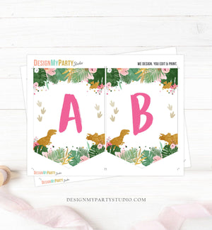 Dinosaur Birthday Banner A-Z Alphabet Numbers Banner First Happy Birthday Banner Girl T-Rex Gold Pink Prehistoric Decor Printable 0146