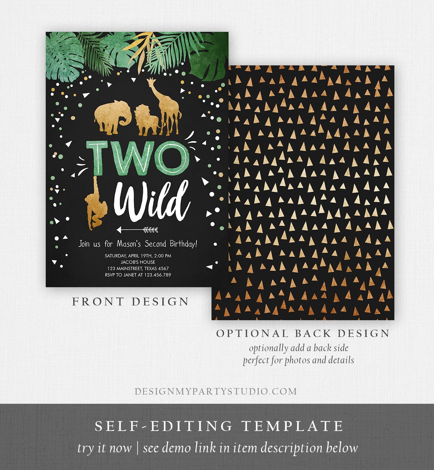 Editable Two Wild Birthday Invitation Safari Animals Wild Animals Black Gold Second Birthday 2nd Jungle Printable Corjl Template 0016