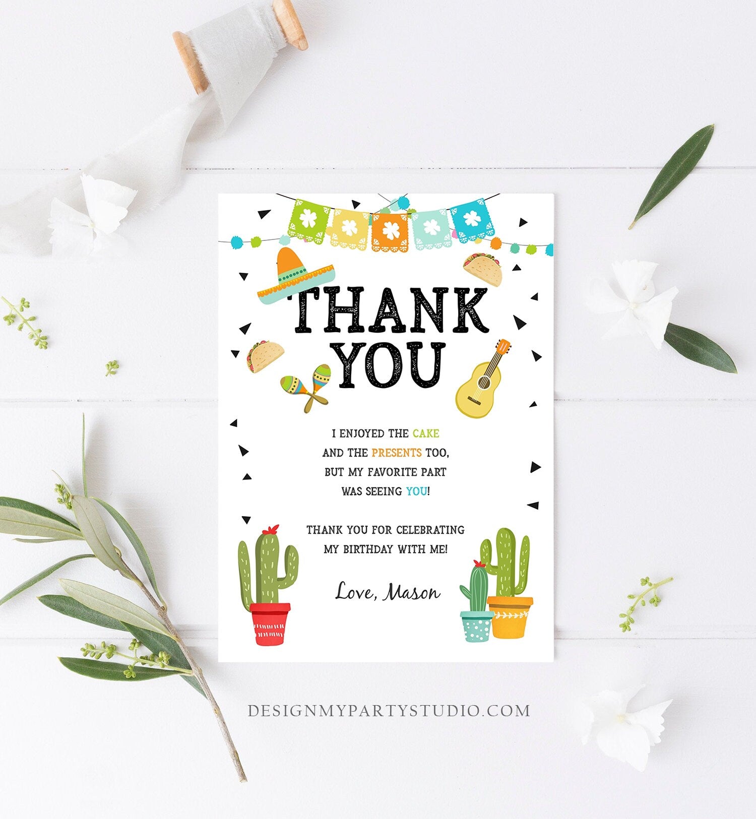 Editable Taco Fiesta Thank You Card Birthday Party Baby Bridal Shower Cactus Succulent Mexican Green Boy Corjl Template Printable 0161