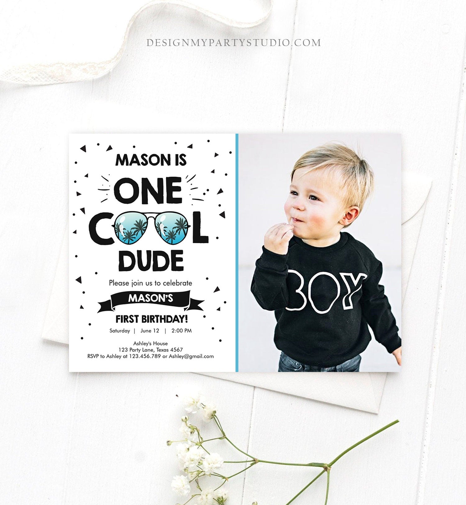 Editable One Cool Dude 1st Birthday Invitation Boy First Birthday Party Sunglasses Palm Tropical Pool Digital Evite Template Printable 0136