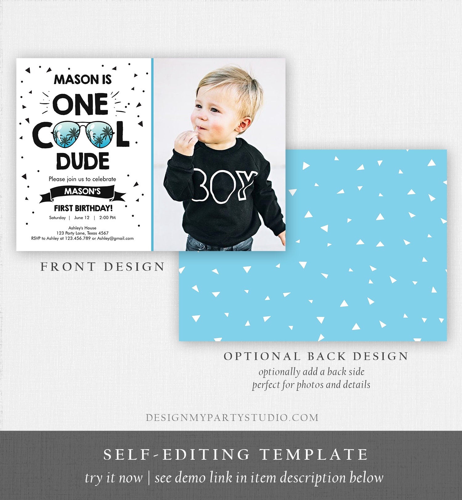 Editable One Cool Dude 1st Birthday Invitation Boy First Birthday Party Sunglasses Palm Tropical Pool Digital Evite Template Printable 0136