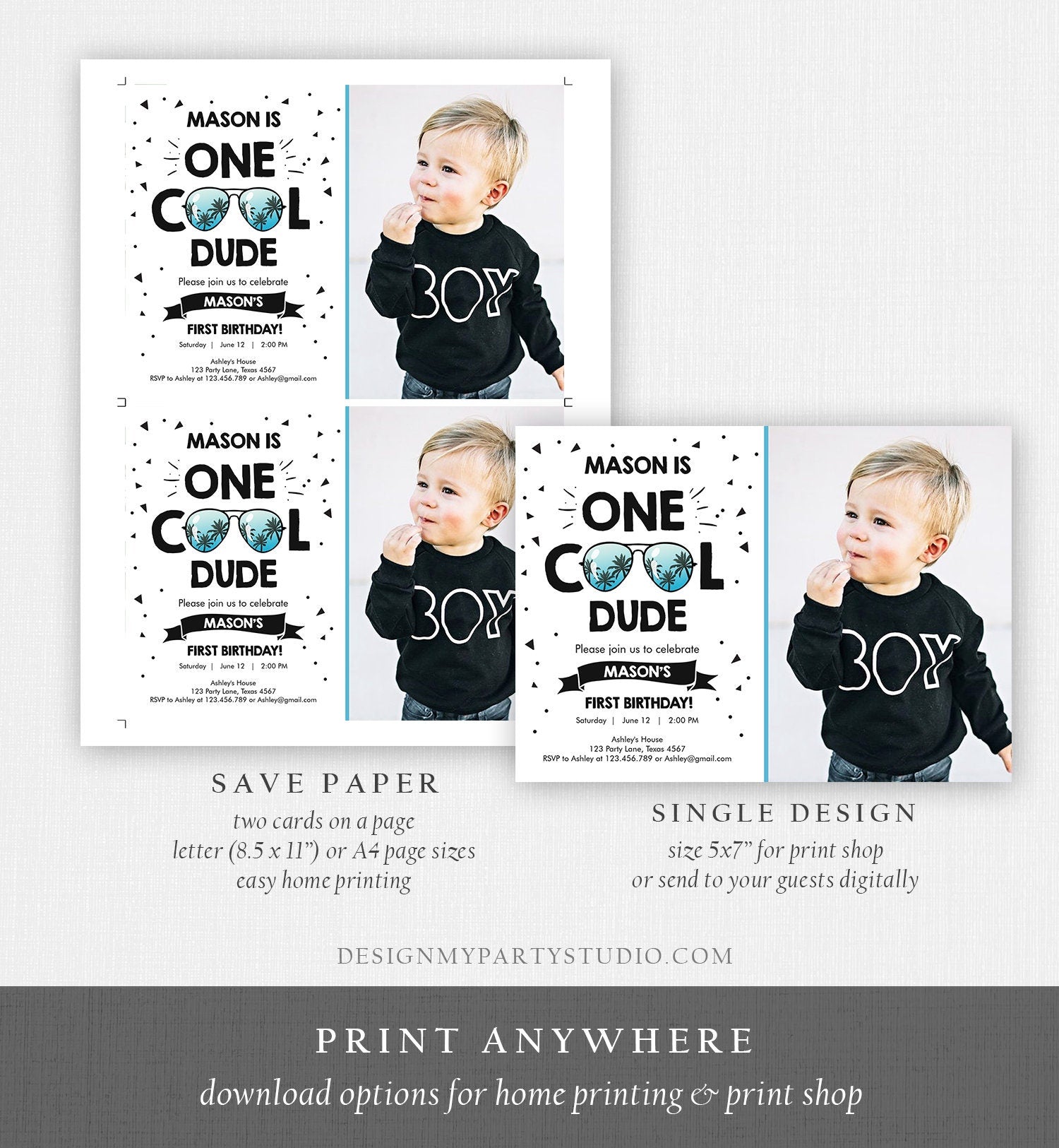 Editable One Cool Dude 1st Birthday Invitation Boy First Birthday Party Sunglasses Palm Tropical Pool Digital Evite Template Printable 0136