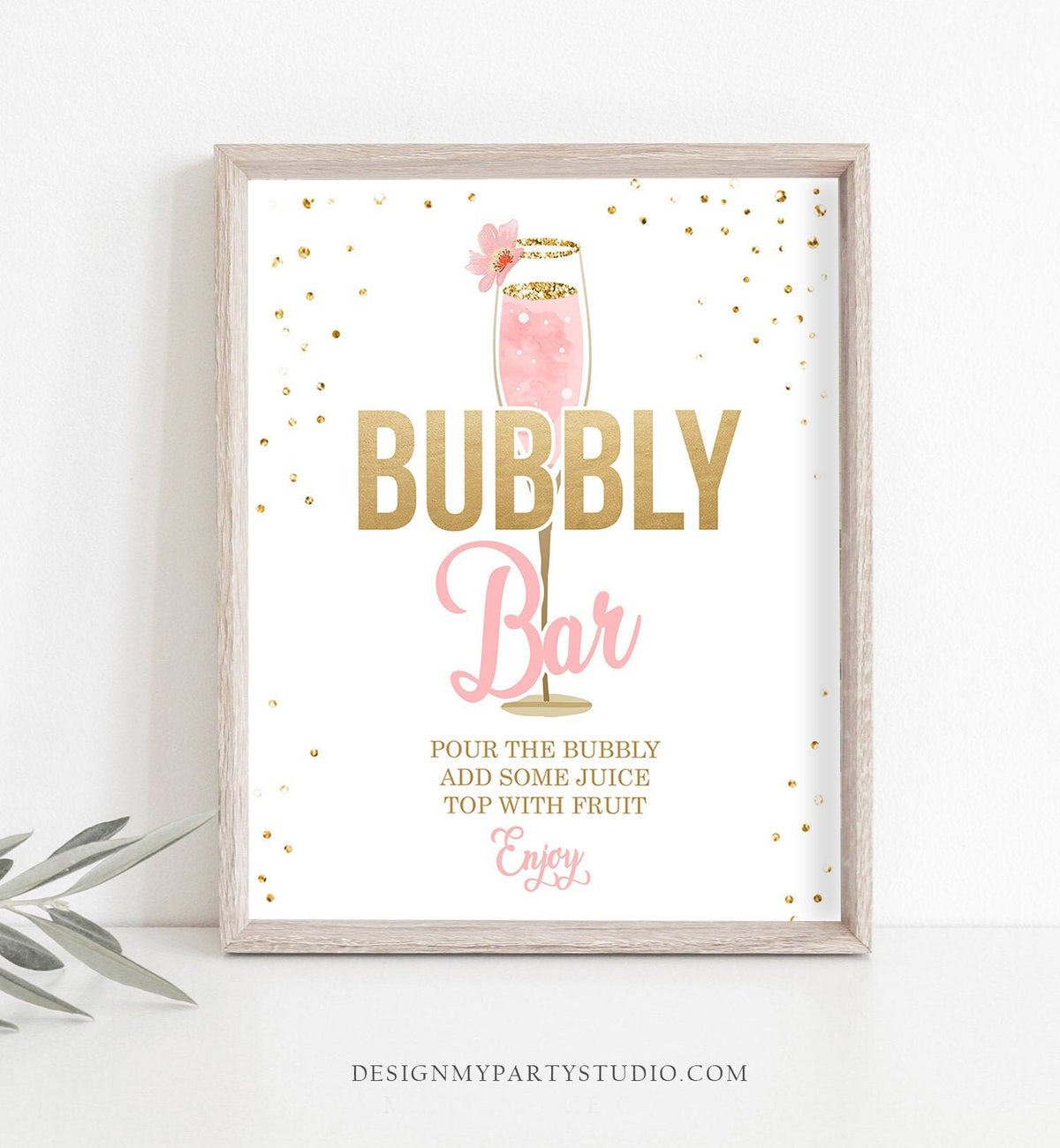 Bubbly Bar Sign Cheers Bridal Shower Wedding Fruit Juice Sign Floral Pink Gold Brunch and Bubbly Bar Sign Instant Download Printable 0150