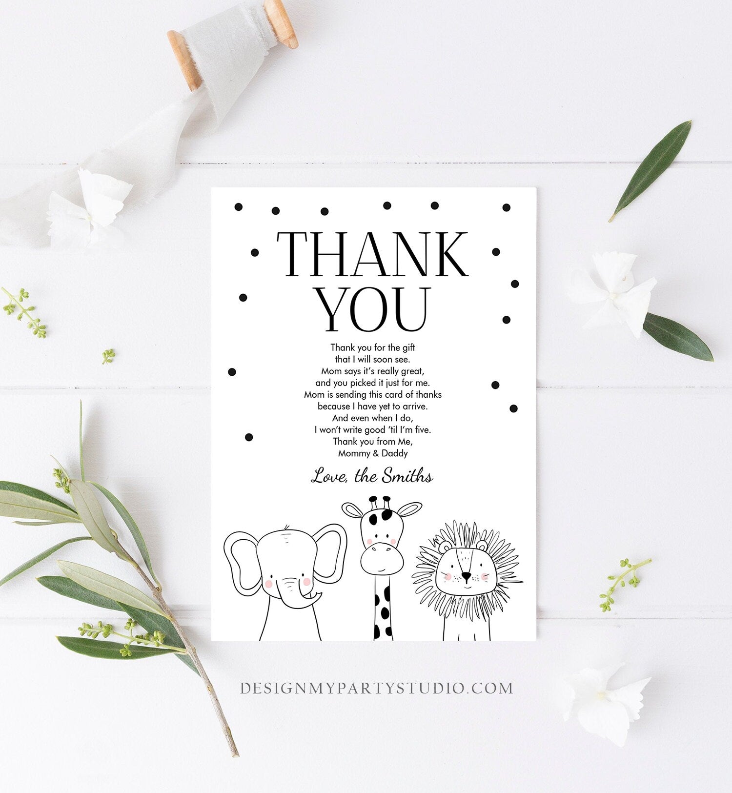 Editable Baby Shower Thank You Card Baby Shower Birthday Safari Animals Wild Zoo Jungle Modern Monogram Digital Corjl Template 0039