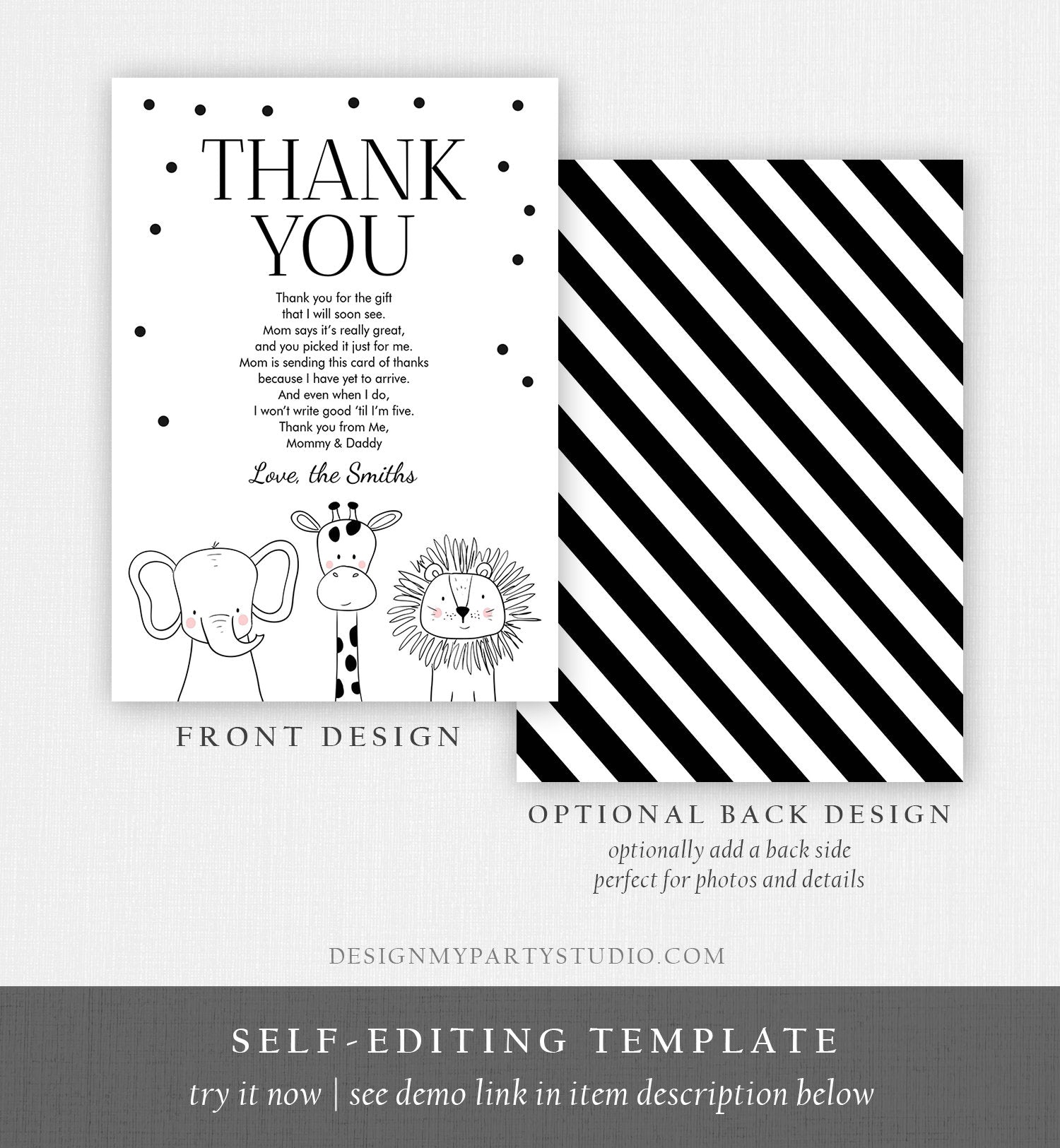 Editable Baby Shower Thank You Card Baby Shower Birthday Safari Animals Wild Zoo Jungle Modern Monogram Digital Corjl Template 0039