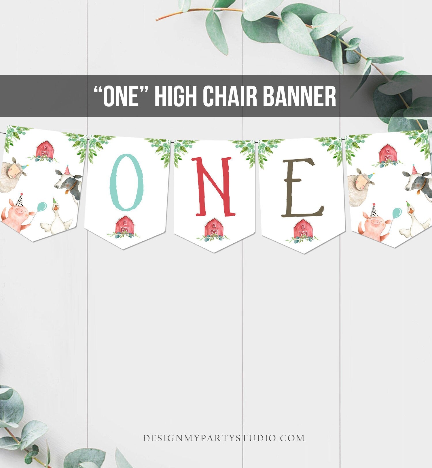 Farm High Chair Banner Farm 1st First Birthday Boy Red Farm Animals High Chair Banner ONE Barnyard Party Decor PRINTABLE Digital 0155