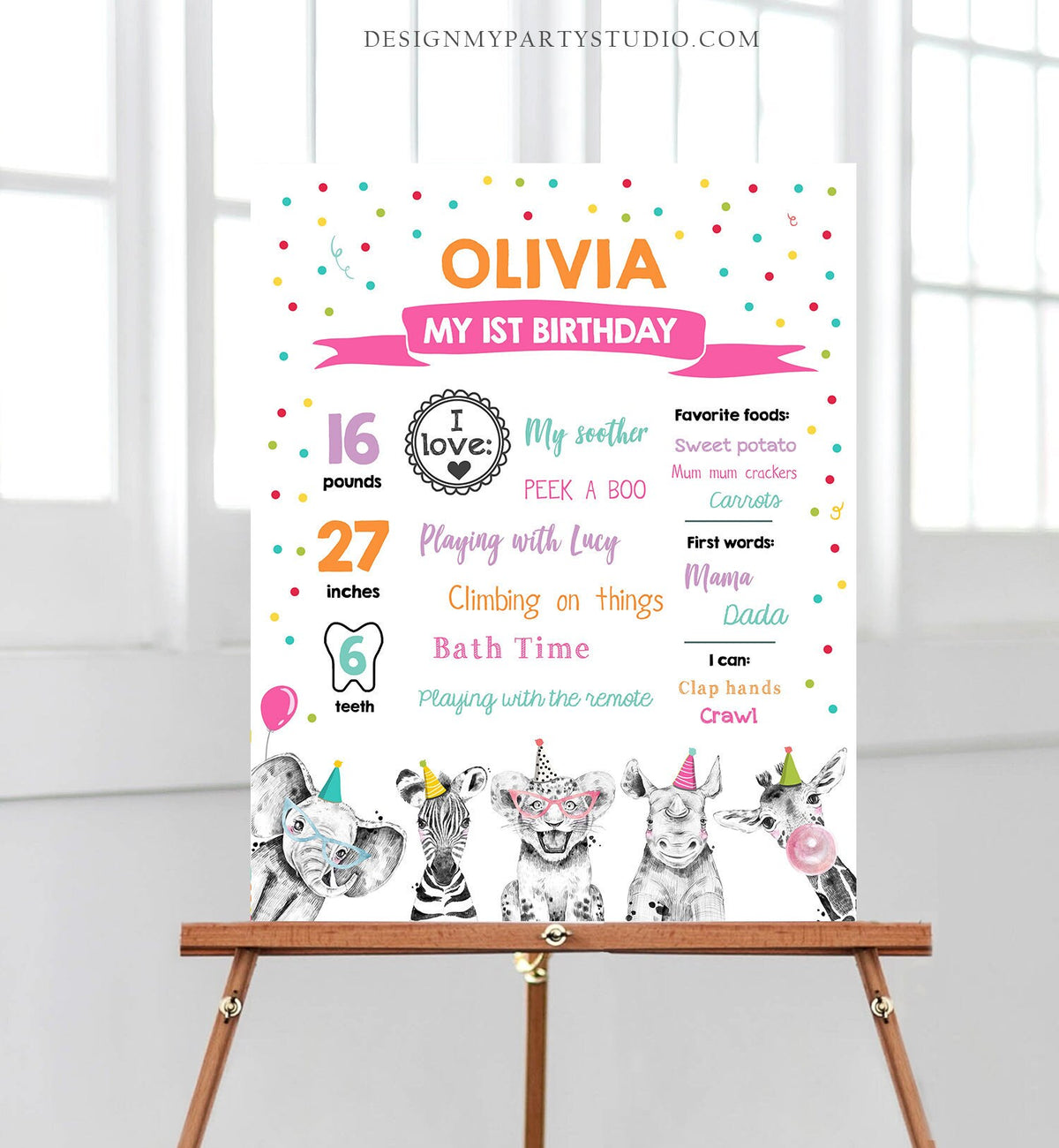 Editable Party Animals Birthday Milestones Sign Girl Pink Blue First Birthday 1st Safari Animals Wild Zoo Corjl Template Printable 0390