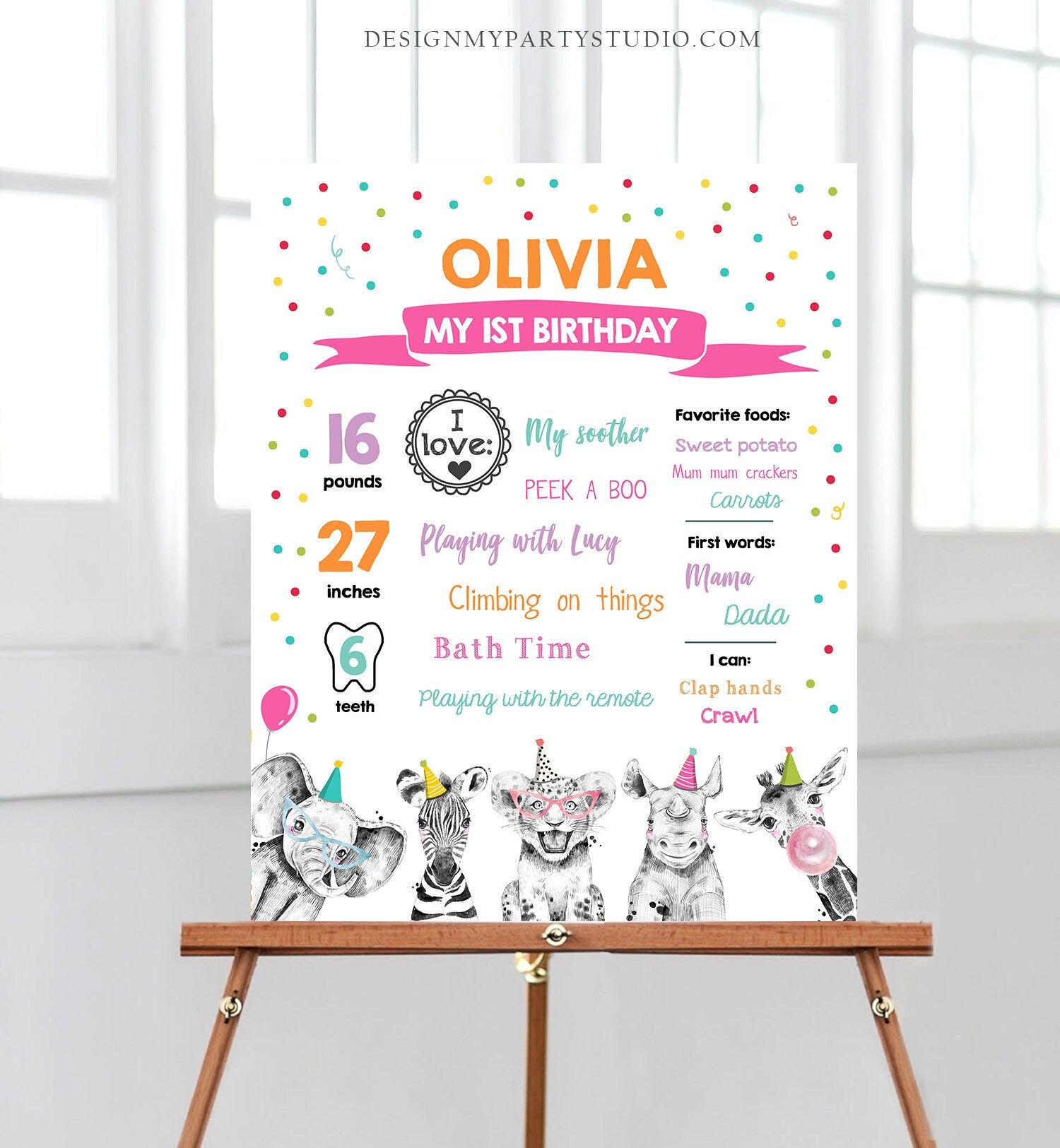 Editable Party Animals Birthday Milestones Sign Girl Pink Blue First Birthday 1st Safari Animals Wild Zoo Corjl Template Printable 0390