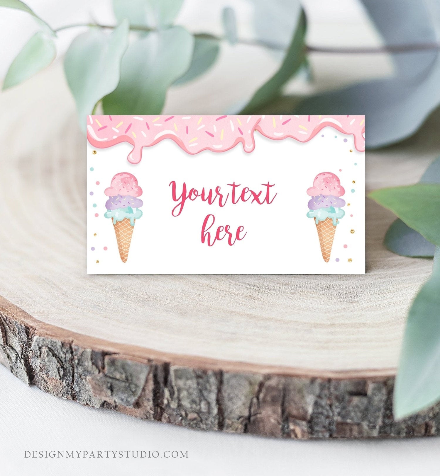 Editable Ice Cream Food Labels Ice Cream Birthday Food Cards Tent Card Girl Pink Gold the Scoop Buffet Label Tent Card Template Corjl 0243