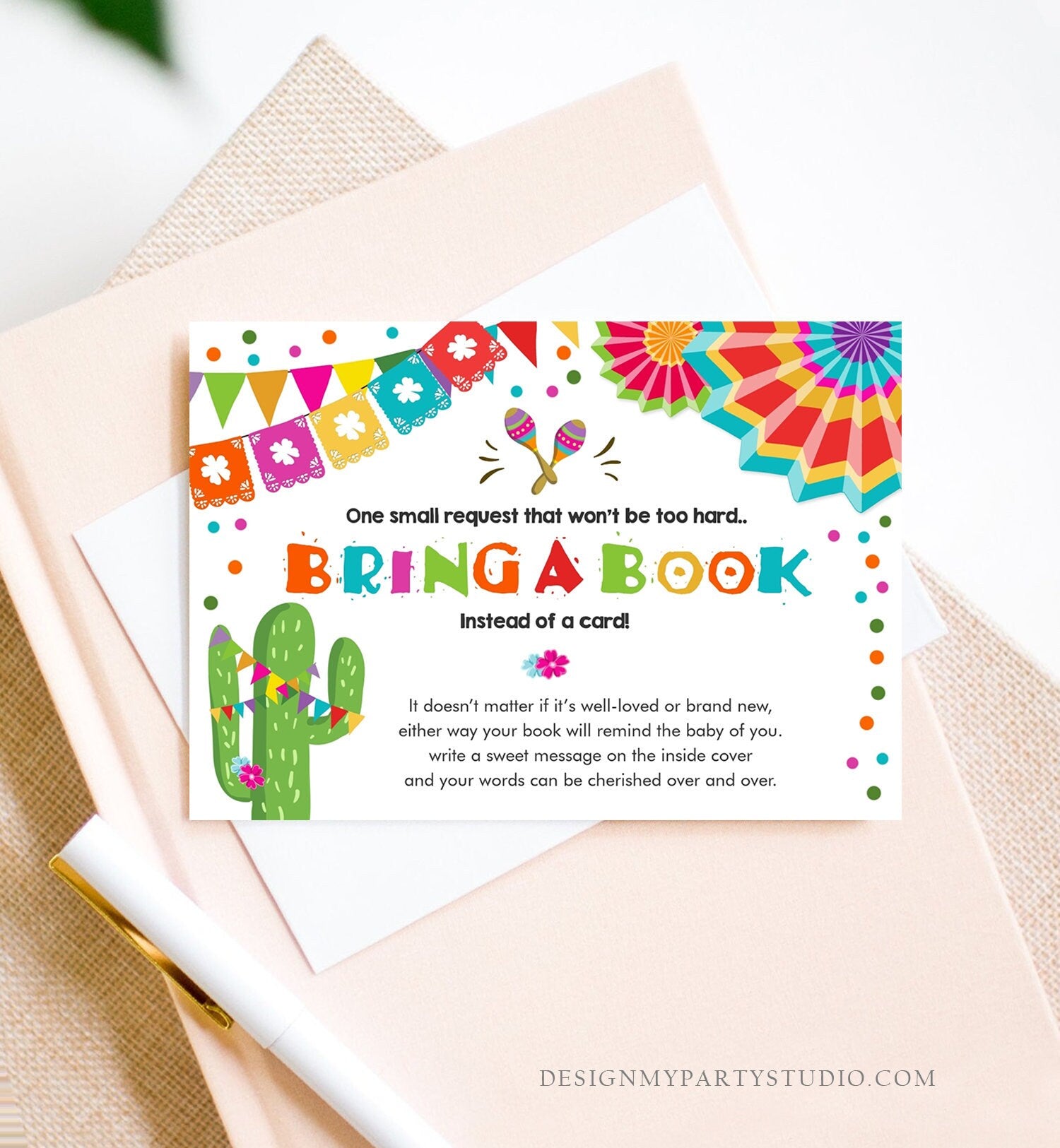 Editable Bring a Book Card Baby Shower Fiesta Cactus Taco Bout a Baby Book Insert Books for Baby Book Request Corjl Template Printable 0045