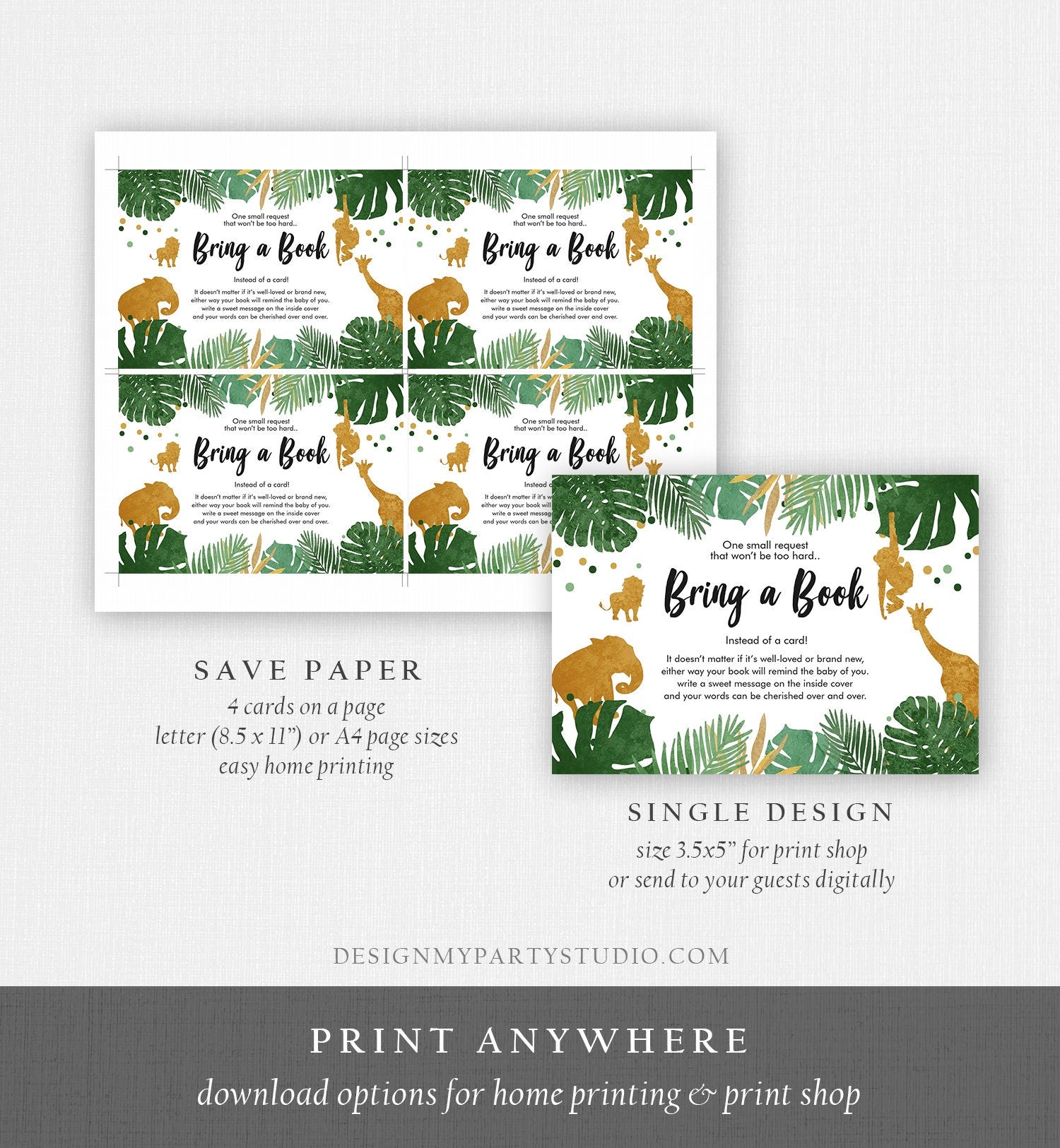 Editable Safari Animals Bring a Book Card Baby Shower Books for Baby Insert Wild One Boy Green Gold Jungle Zoo Corjl Template Printable 0016