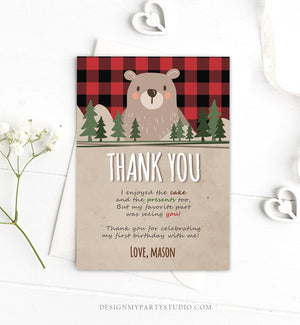 Editable Lumberjack Thank You Card Bear Birthday Rustic Woodland Birthday Forest Buffalo Plaid Winter Download Printable Template Corjl 0026