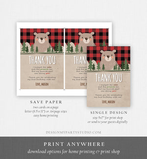 Editable Lumberjack Thank You Card Bear Birthday Rustic Woodland Birthday Forest Buffalo Plaid Winter Download Printable Template Corjl 0026