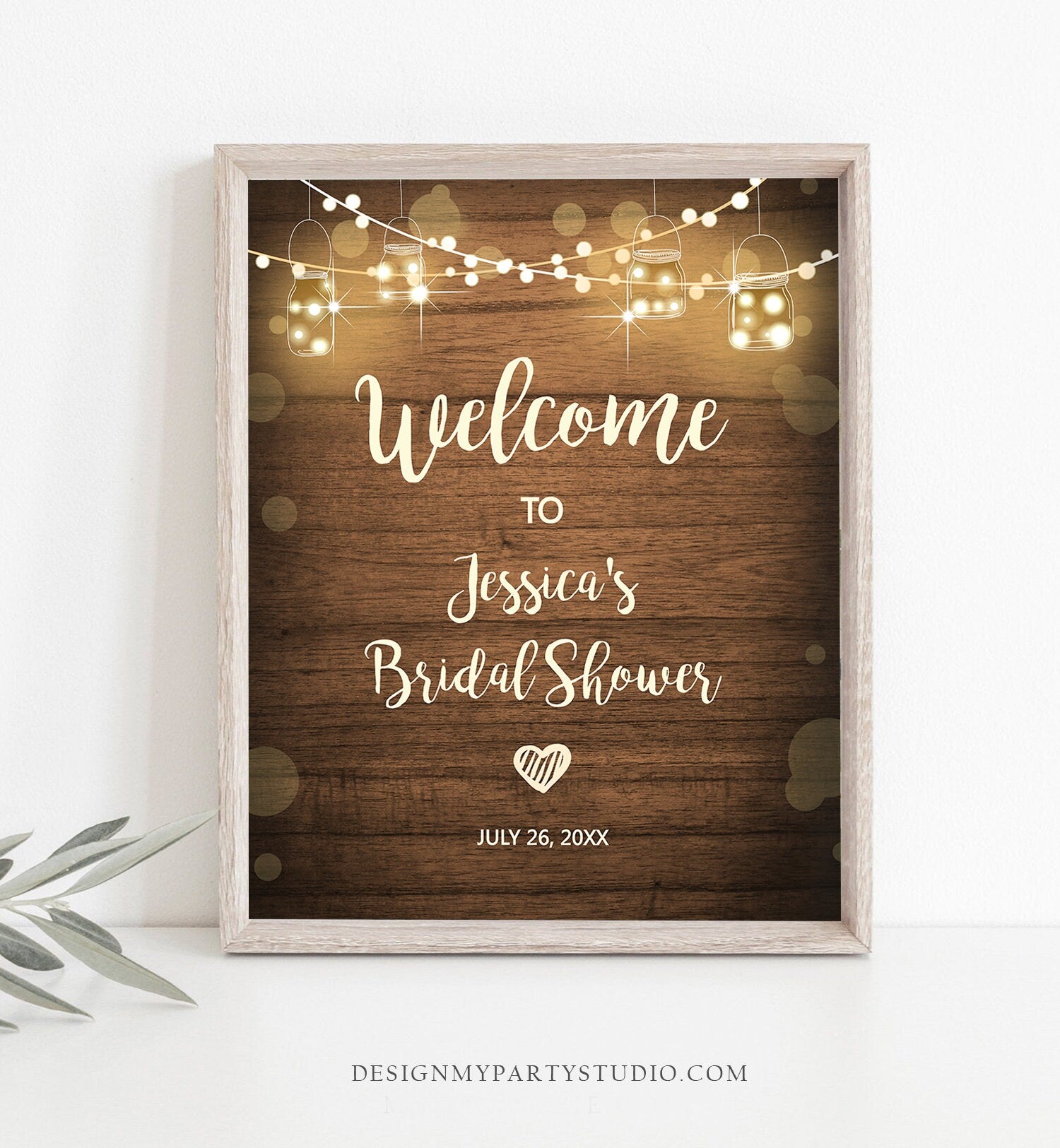 Editable Rustic Wood Welcome Sign Bridal Shower Couples Shower String Lights Jars Wedding Shower Sign Digital Corjl Template Printable 0015