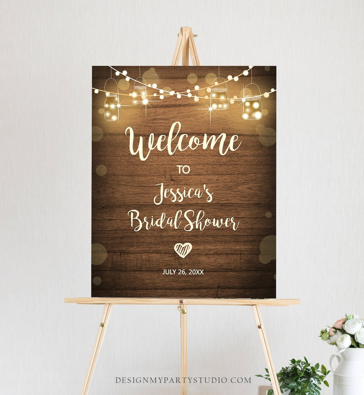 Editable Rustic Wood Welcome Sign Bridal Shower Couples Shower String Lights Jars Wedding Shower Sign Digital Corjl Template Printable 0015