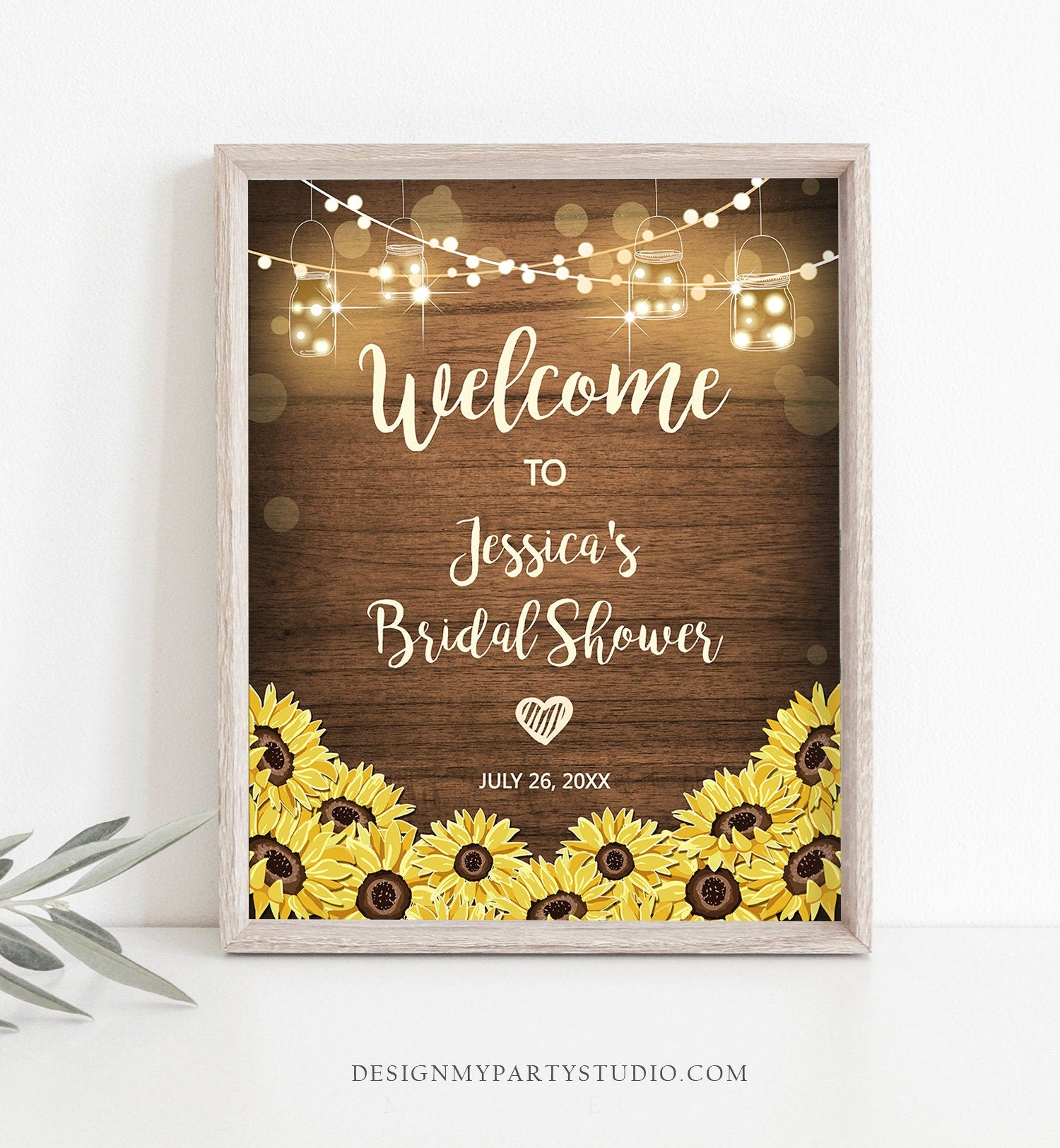 Editable Sunflowers Welcome Sign Rustic Wood Bridal Shower Couples Shower String Lights Jars Wedding Shower Corjl Template Printable 0015