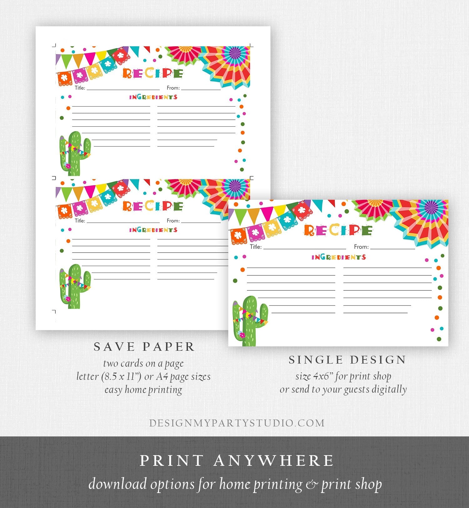 Editable Fiesta Cactus Recipe Cards Fiesta Bridal Shower Baby Succulent Mexican Double Sided 4x6 Download Corjl Template Printable 0045