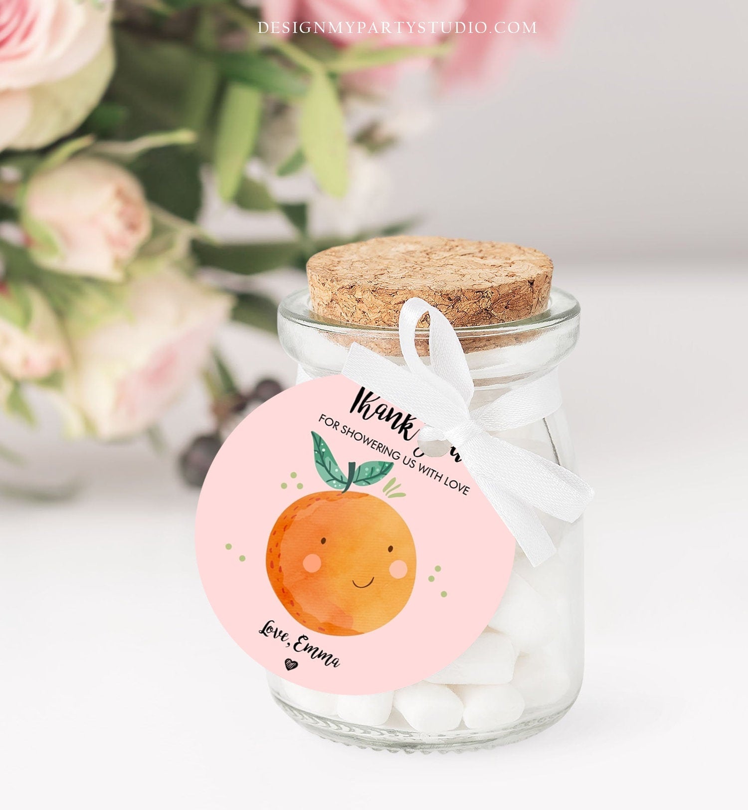 Editable A Little Cutie is on The Way Favor Tag Orange Clementine Baby Shower Cute Gift Pink Girl Square Round Template Corjl Printable 0330