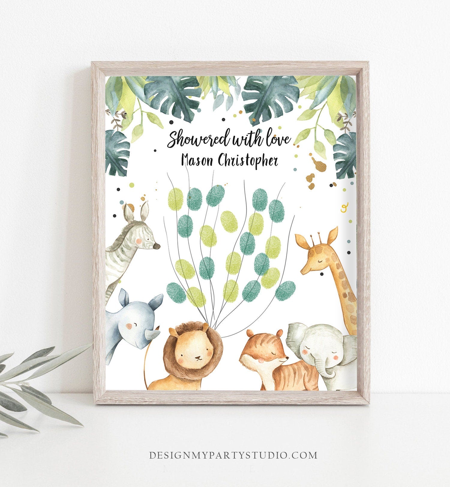 Editable Safari Animals Baby Shower Fingerprint Guestbook Thumbprint Guest Book Tree Jungle Wild One Gold Boy Corjl Template Printable 0163