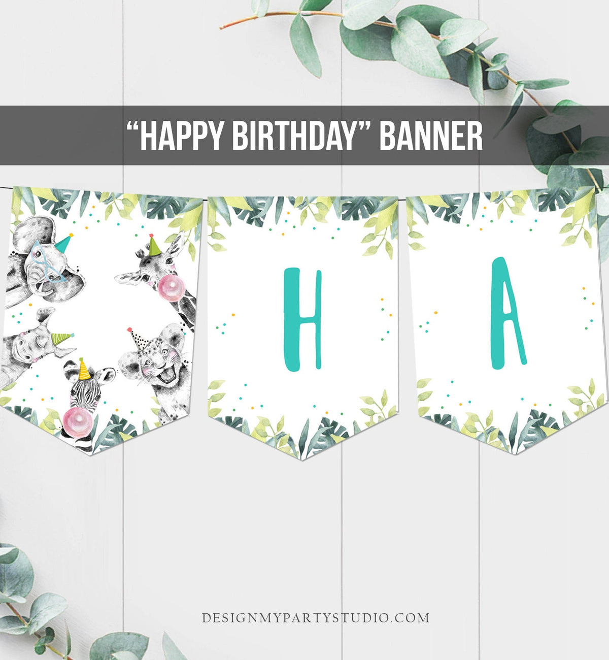 Happy Birthday Banner Safari Animals Blue Teal Party Animals Wild One Birthday Boy Zoo Decorations Instant download PRINTABLE DIGITAL 0322