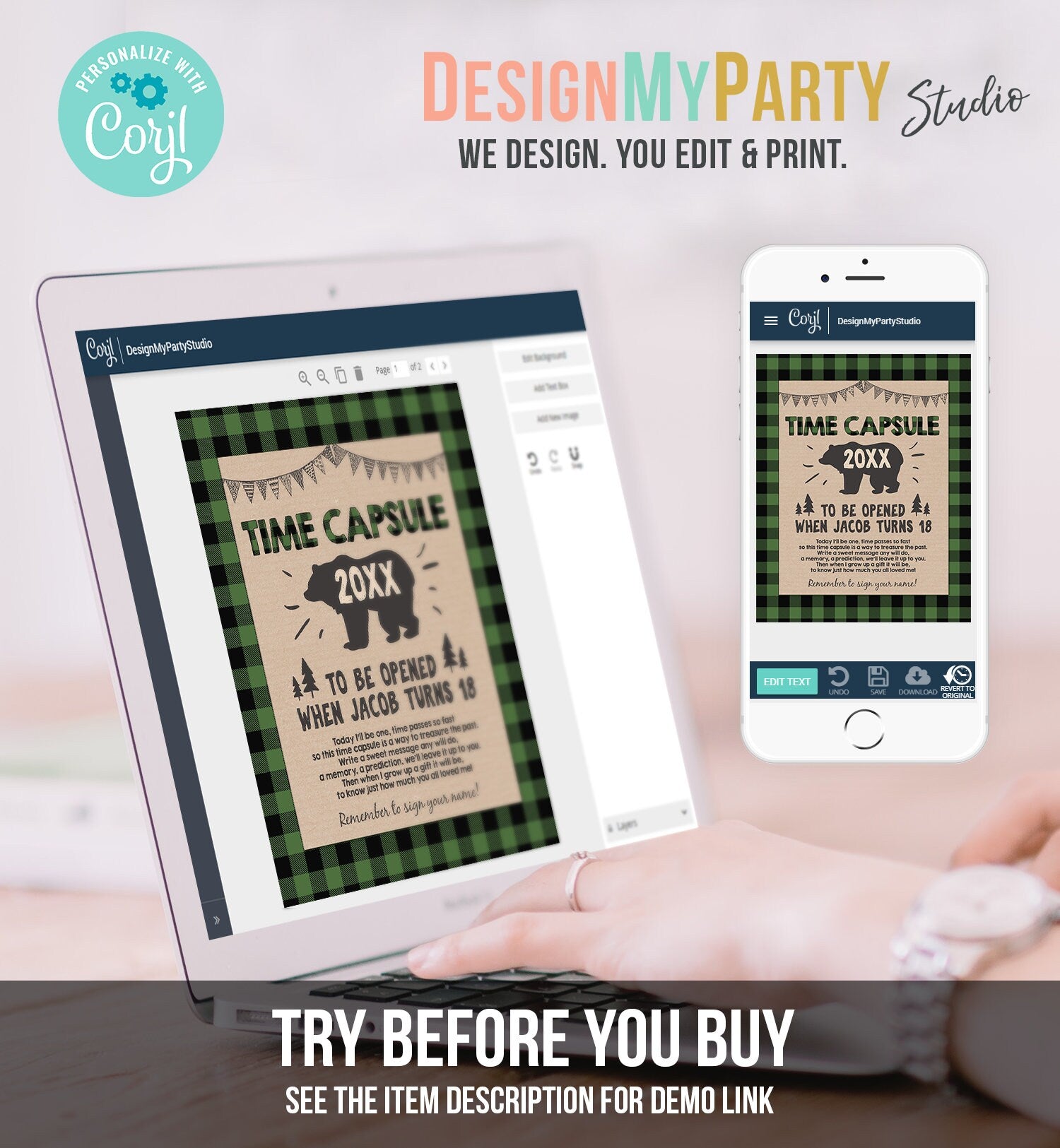 Editable Lumberjack Time Capsule First Birthday Party Game Bear Buffalo Green Plaid Guestbook Digital Download Corjl Template Printable 0026