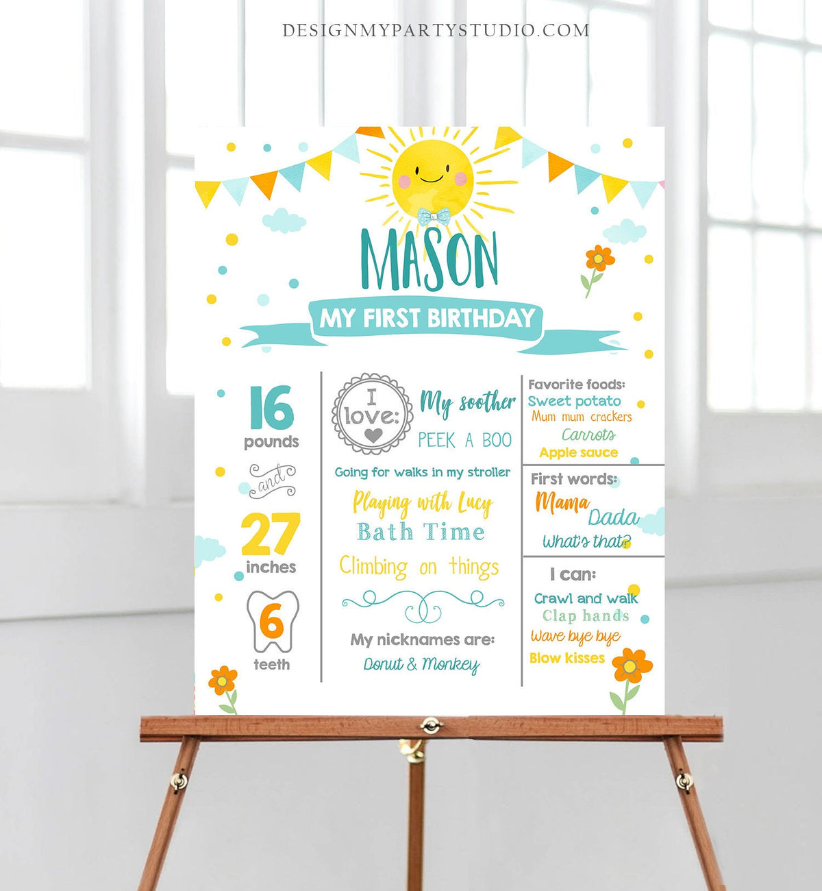 Editable Little Sunshine Birthday Milestones Sign Summer Boy First Birthday 1st Blue Bow Tie Digital Download Template Printable 0141