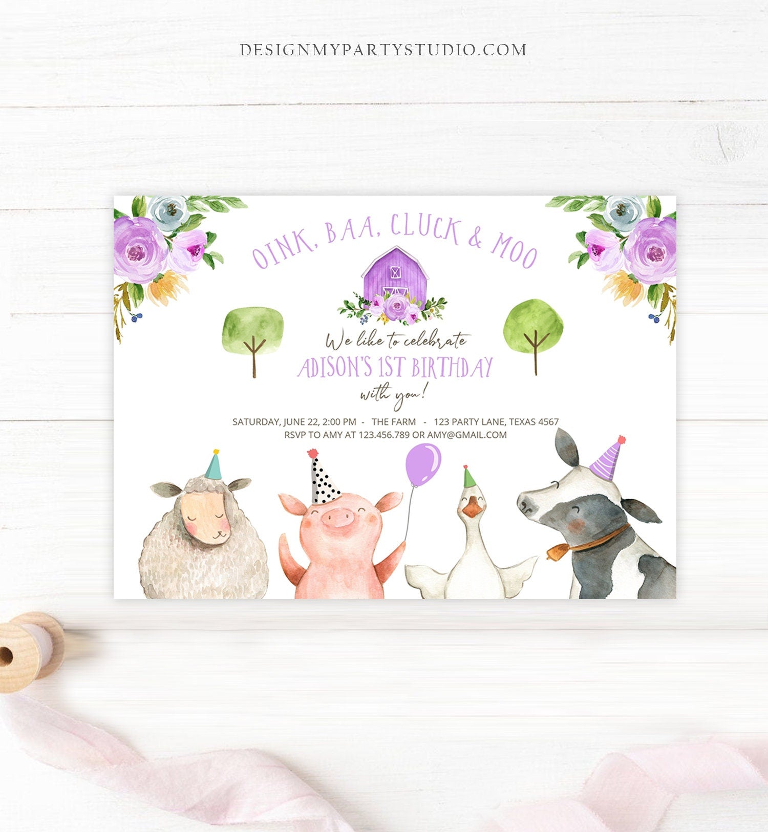 Editable Farm Birthday Invitation Girl Farm Animals Purple Floral Barnyard Party Download Printable Invitation Template Digital Corjl 0155