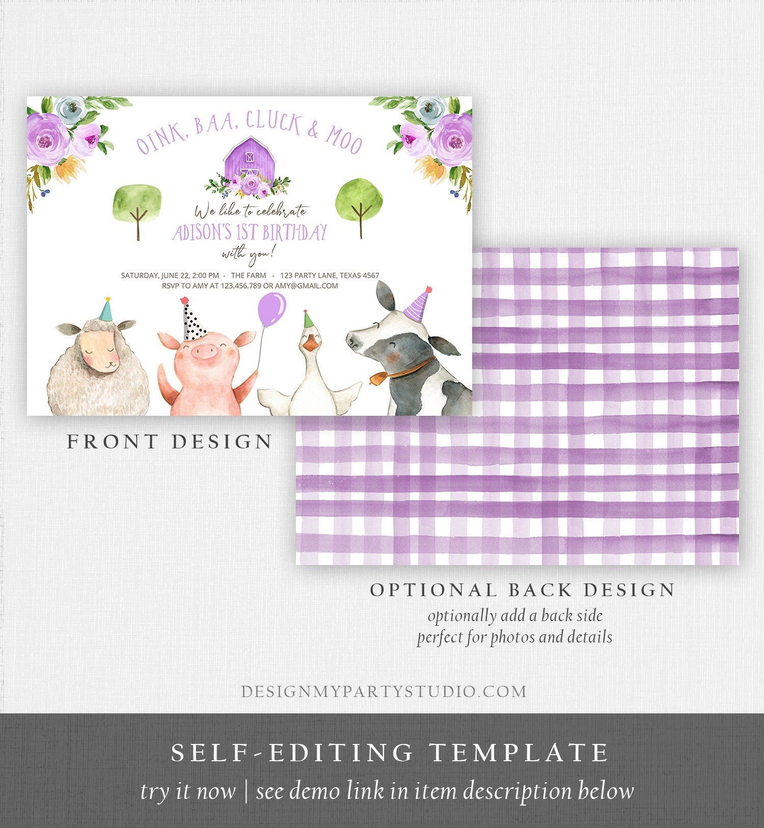 Editable Farm Birthday Invitation Girl Farm Animals Purple Floral Barnyard Party Download Printable Invitation Template Digital Corjl 0155