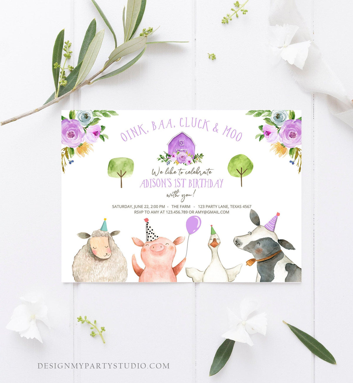 Editable Farm Birthday Invitation Girl Farm Animals Purple Floral Barnyard Party Download Printable Invitation Template Digital Corjl 0155