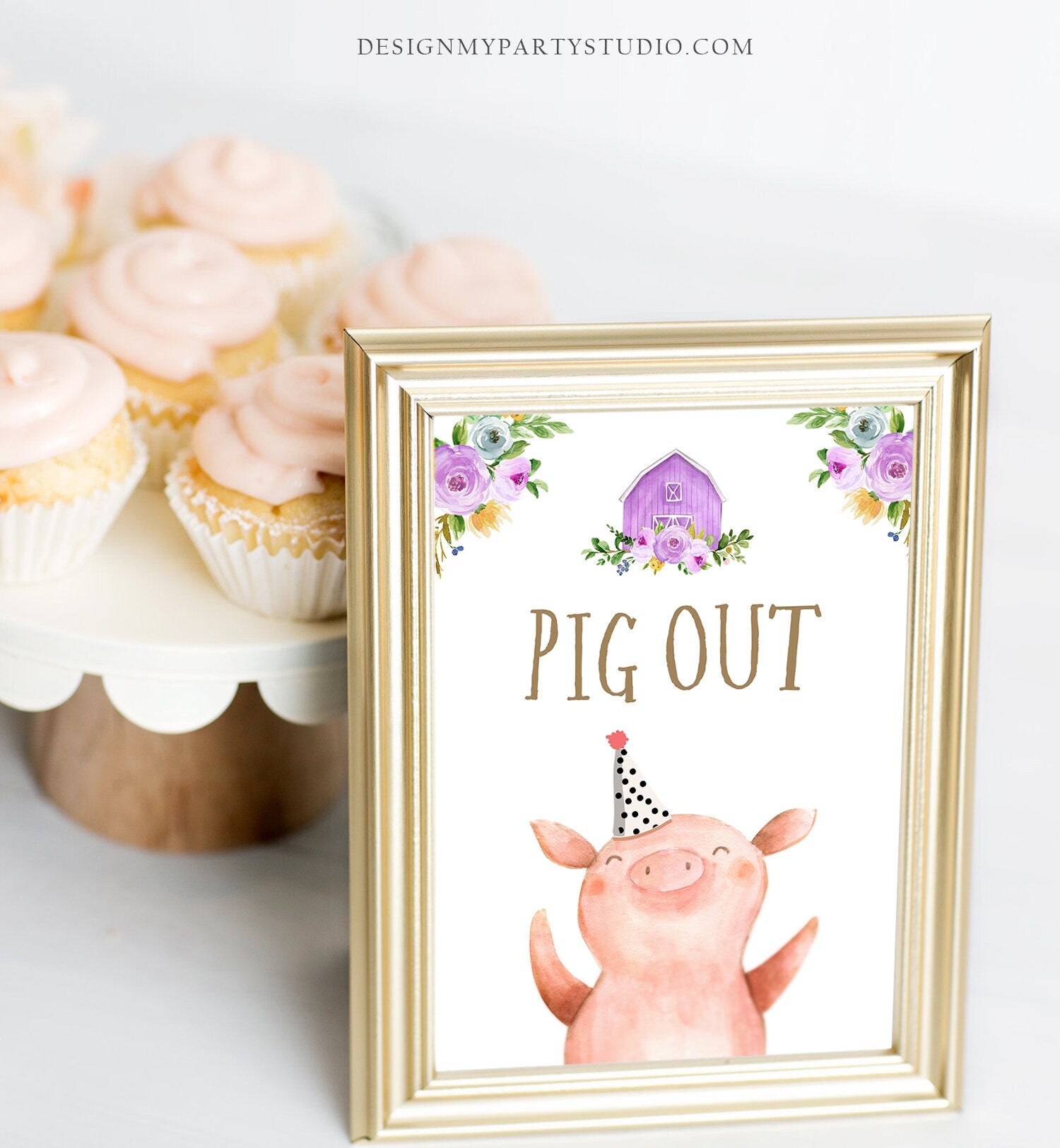 Pig Out Sign Farm Animals Birthday Decorations Barnyard Decor Girl Birthday Purple Farm Buffet Sign Floral Barnyard Sign PRINTABLE 0155