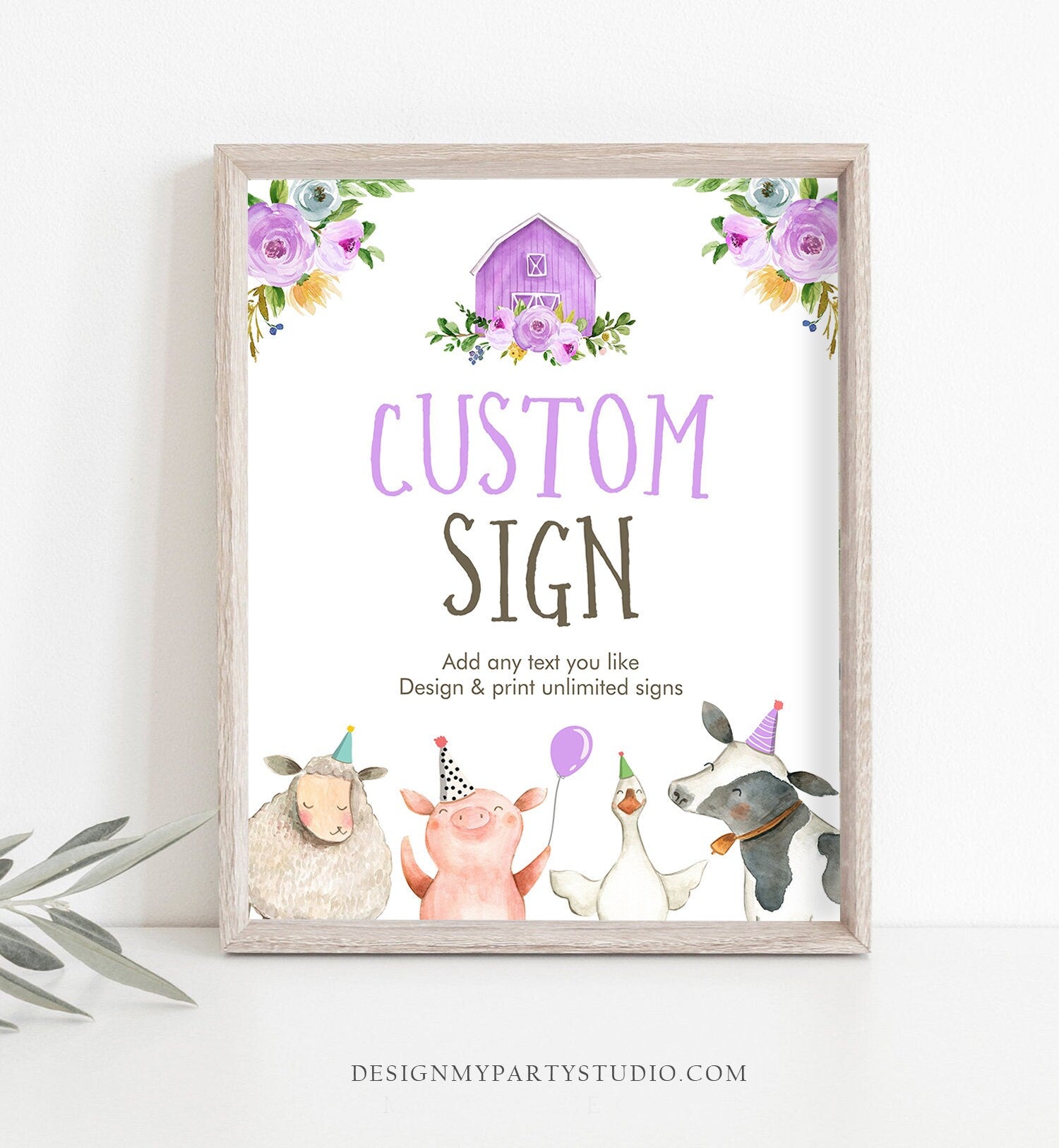 Editable Custom Sign Farm Animals Sign Purple Barnyard Birthday Decorations Girl Cow Pig Table Sign Decoration 8x10 Download PRINTABLE 0155