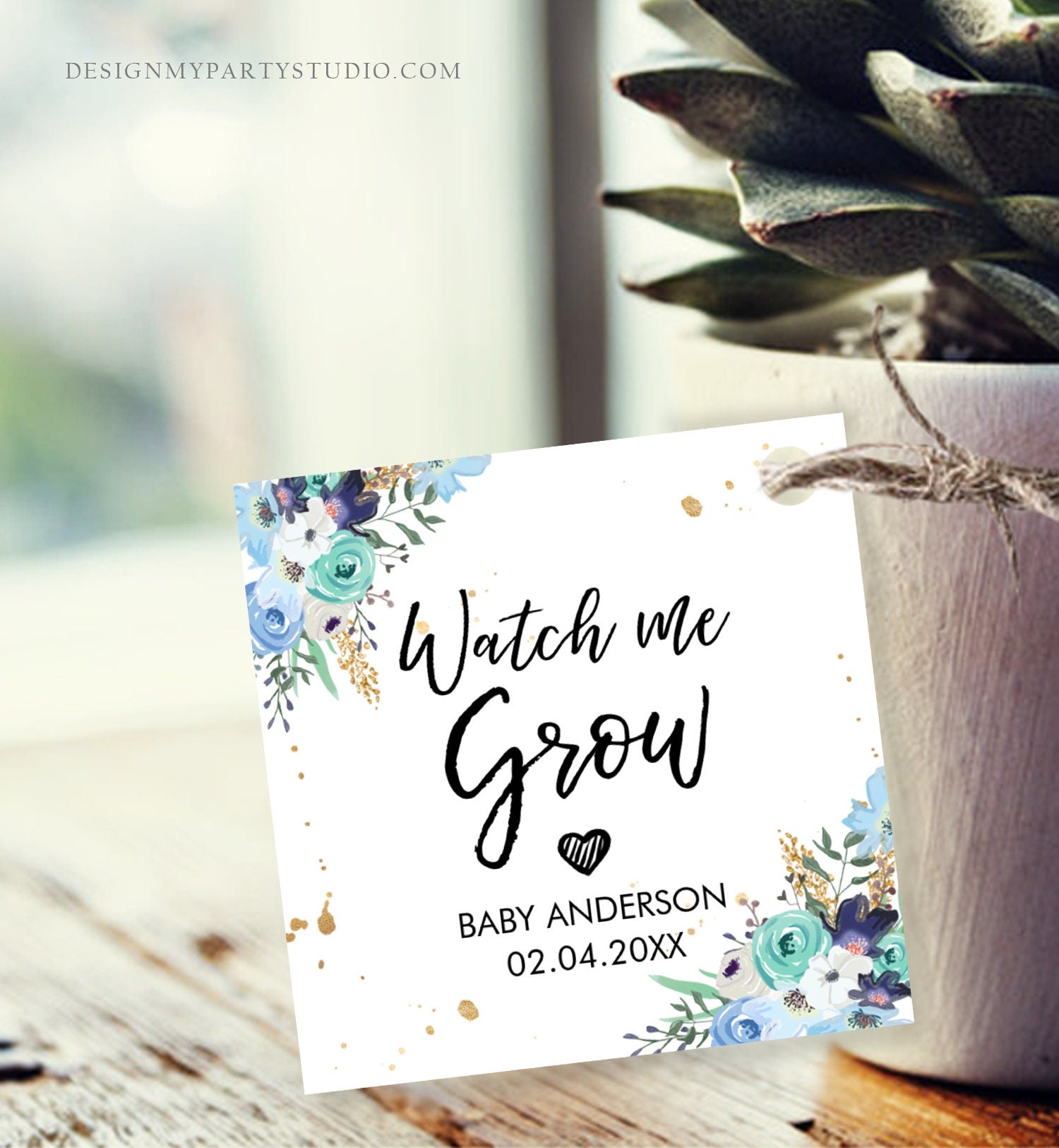 Editable Watch Me Grow Tags Baby Shower Favor Tags Plant Tags Cactus Succulent Thank You Tag Blue Floral Gold Corjl Template Printable 0030