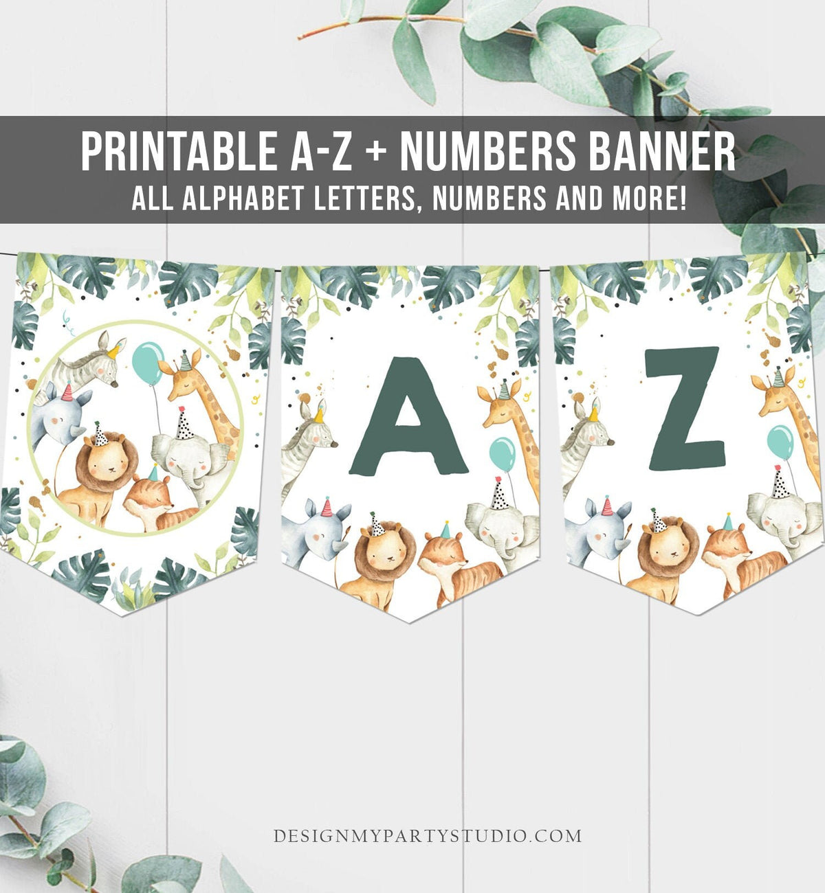 Safari Animals Birthday Banner A-Z Alphabet Numbers Banner First Happy Birthday Banner Zoo Green Boy Blue Jungle Decor Printable 0163