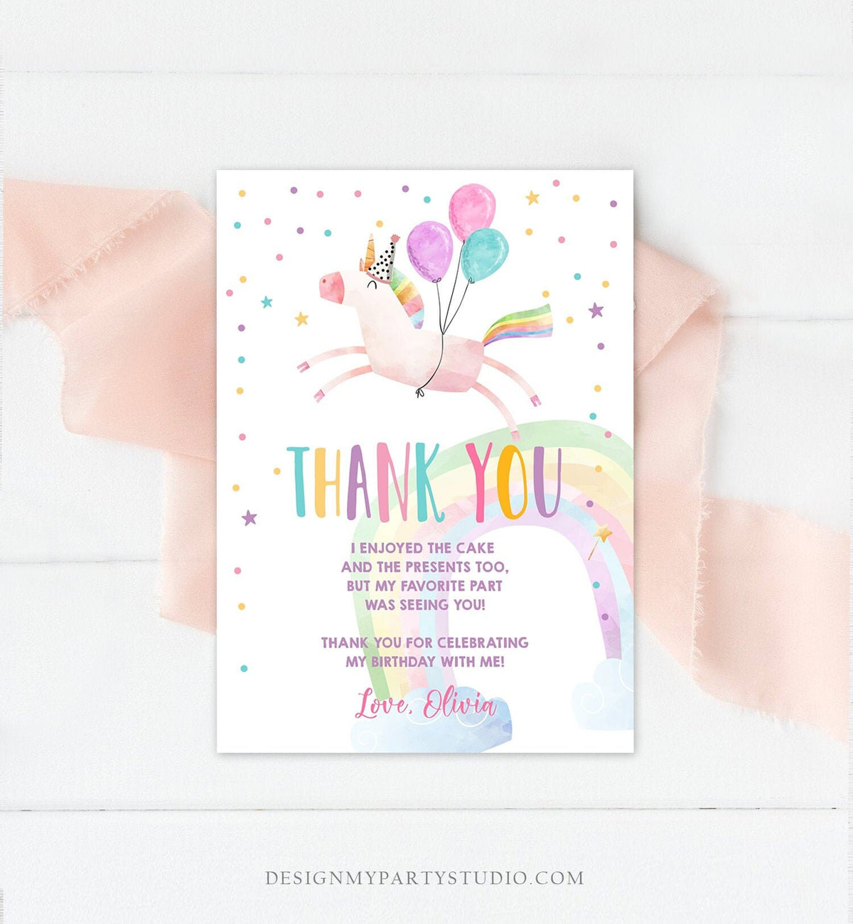 Editable Unicorn Thank You Card Girl Birthday Thank You Note Pink Gold Magical Party Baby Shower Download Corjl Template Printable 0336