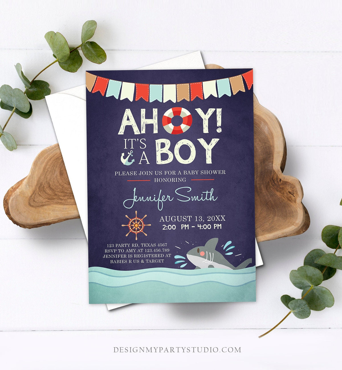 Editable Nautical Baby Shower Invitation Ahoy Its A Boy Baby Shark It&#39;s A Boy Ocean Red Navy Blue Instant Digital Corjl Template 0018