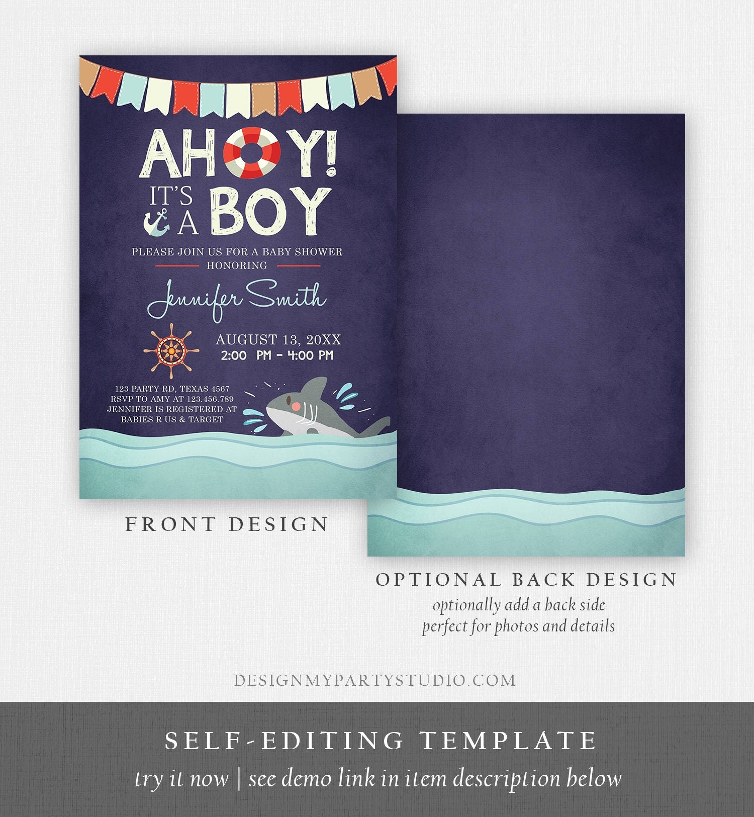 Editable Nautical Baby Shower Invitation Ahoy Its A Boy Baby Shark It's A Boy Ocean Red Navy Blue Instant Digital Corjl Template 0018