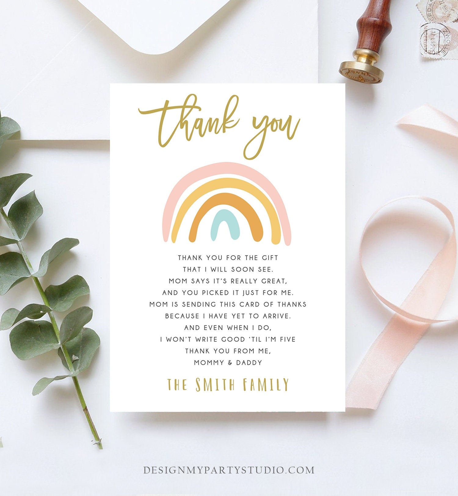 Editable Rainbow Thank You Card Baby Shower Sprinkle After the Storm Retro Boho Rustic Magical Digital Download Template Printable 0331