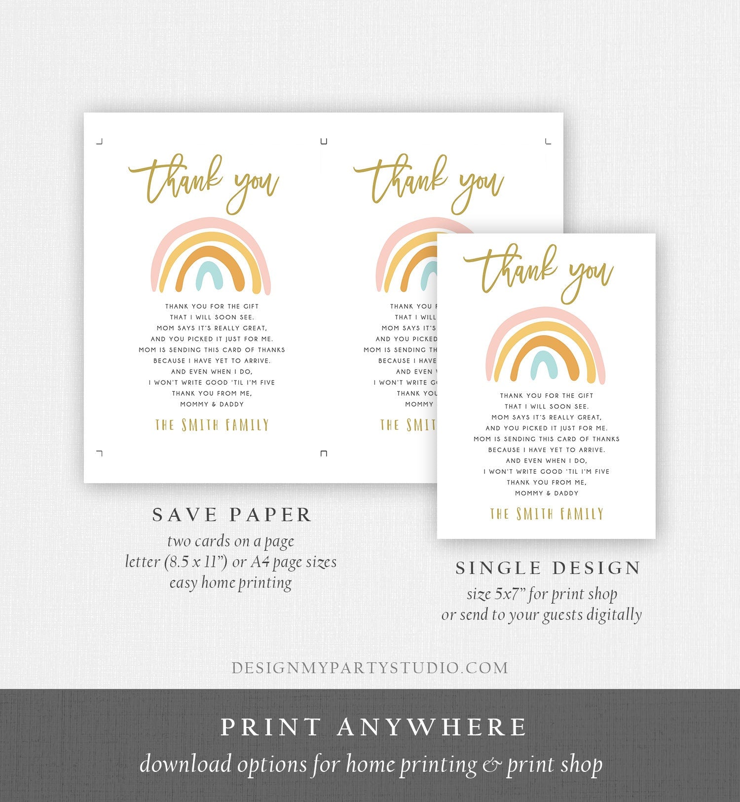 Editable Rainbow Thank You Card Baby Shower Sprinkle After the Storm Retro Boho Rustic Magical Digital Download Template Printable 0331