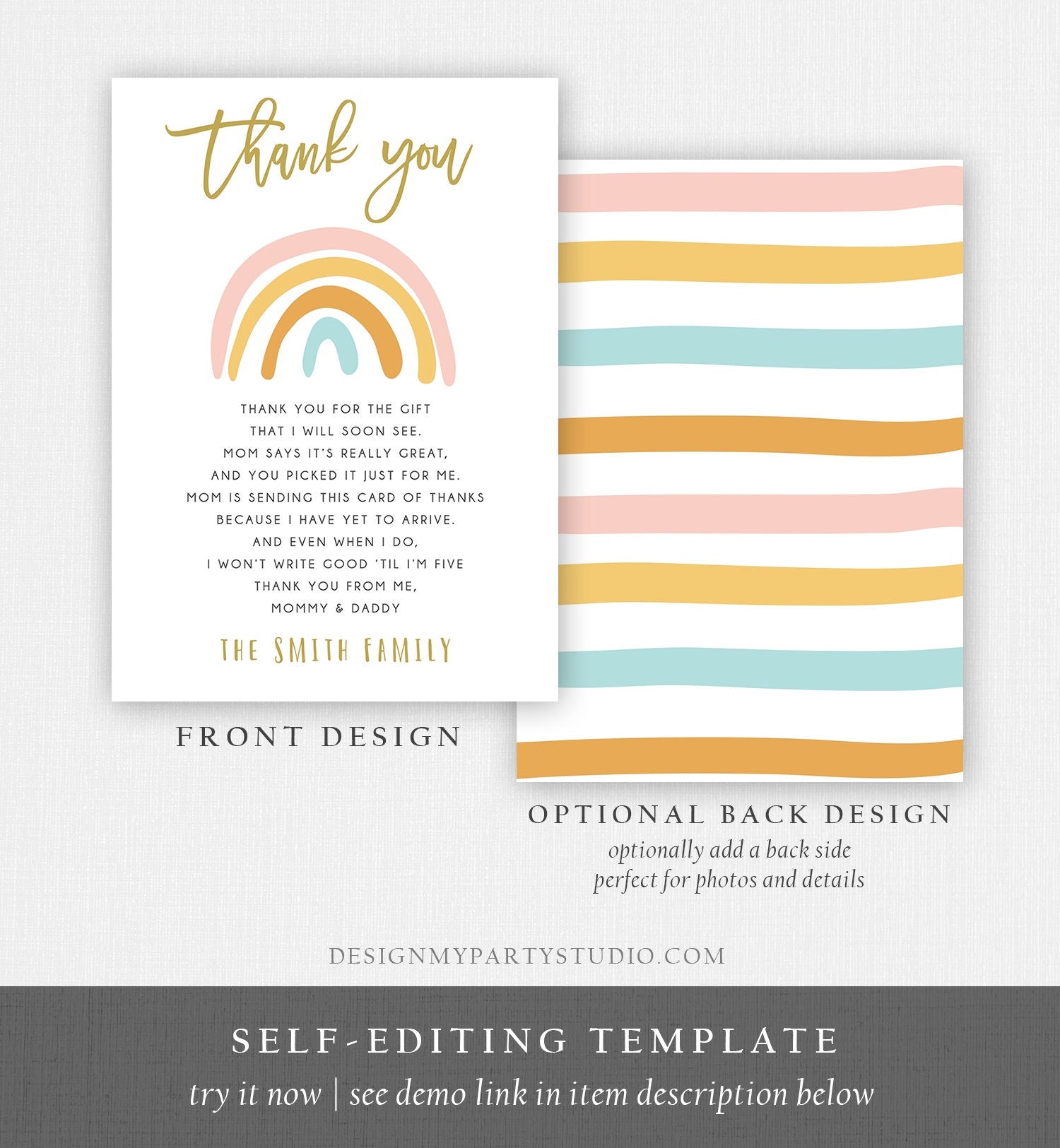 Editable Rainbow Thank You Card Baby Shower Sprinkle After the Storm Retro Boho Rustic Magical Digital Download Template Printable 0331