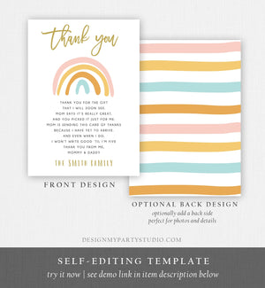 Editable Baby shower Thank you note Rainbow Thank You Rustic Girl Baby Shower Pastel Neutral Birthday Template Instant Download Corjl 0331